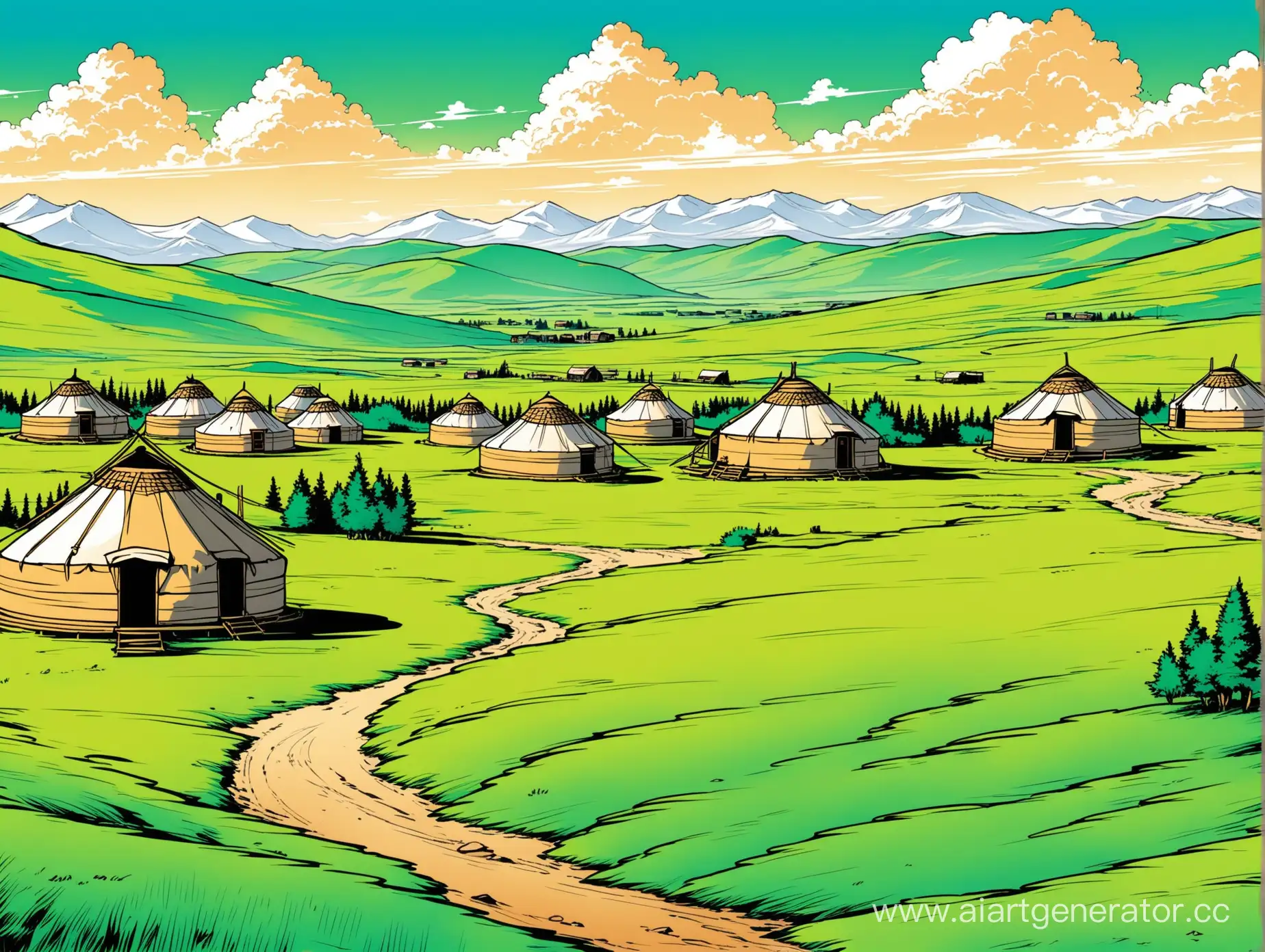 Nomadic-Kazakh-Village-in-Green-Steppes-with-Beautiful-Yurts