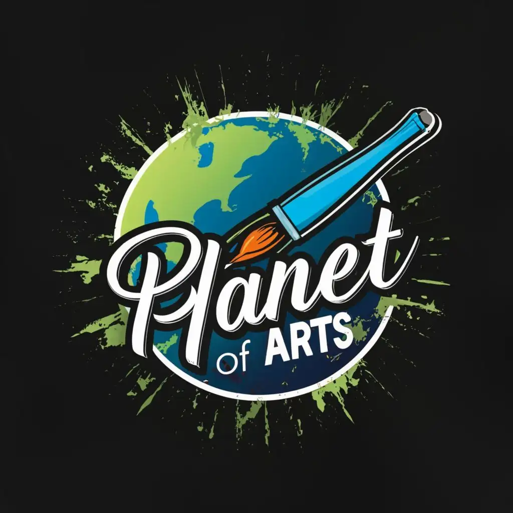 logo, artbrush painting a planet, with the text "planet of arts", typography