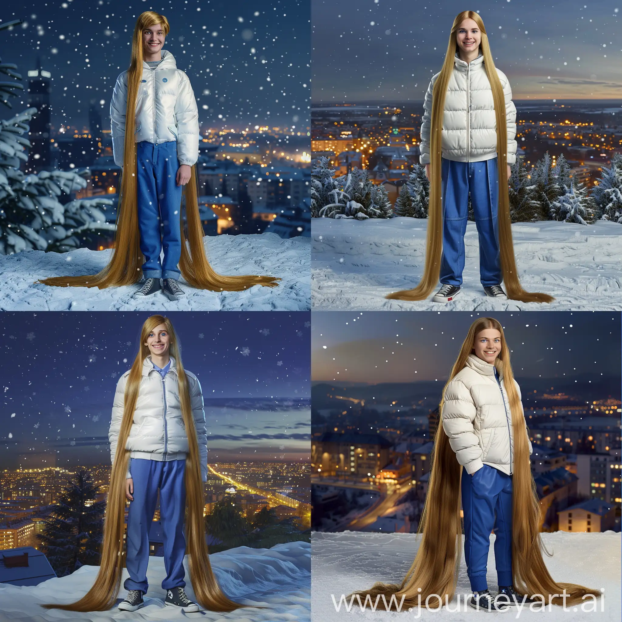 An European young man with blue eyes, smile,very long straight golden hair, long golden hair growing to the ground, wearing a white down jacket, blue trousers, black Converse shoes,The background is a city night on a snowy day,Photorealistic, Full body shot, photorealistic, 8K, HDR, 3D rendering, real life, --quality 3