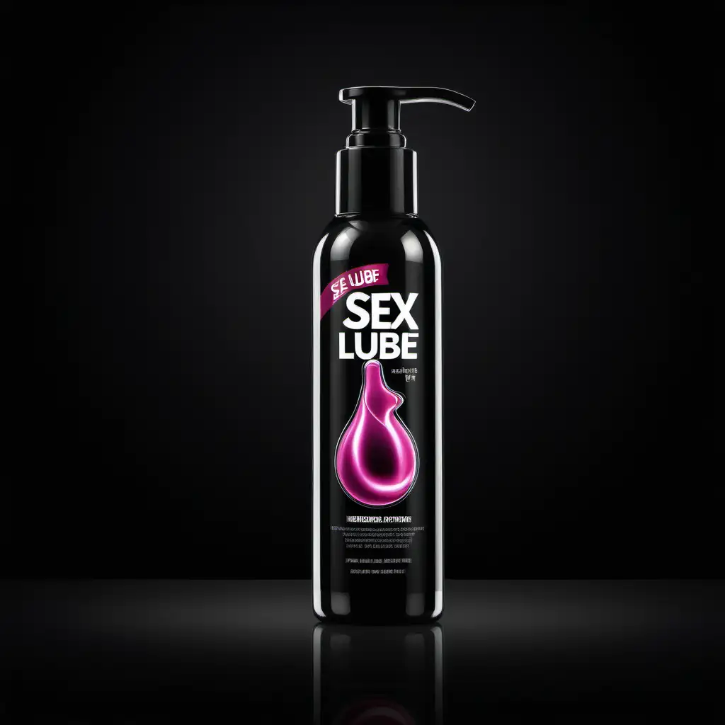 design an image of sex lube bottle placed in the middle of a stool, the lube bottle has amazing 3 effects, the bottle color is transparent  the background is a dark black color giving a 3 realistic view, the bottle seems like high end amazing designed bottle