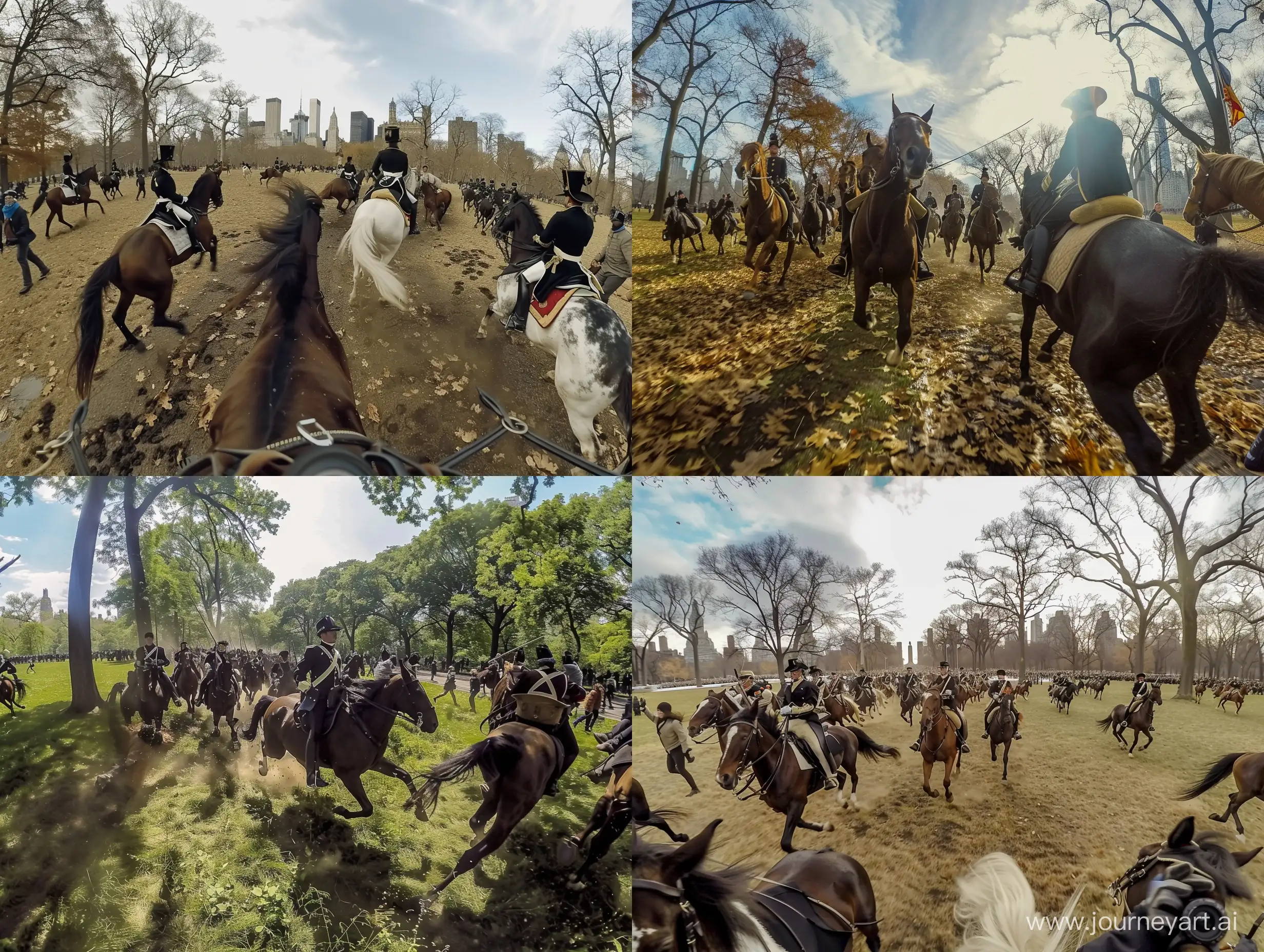 gopro footage of napoleonic cavalry storming through central park on horseback, pov, civillians running away in fear, horses running