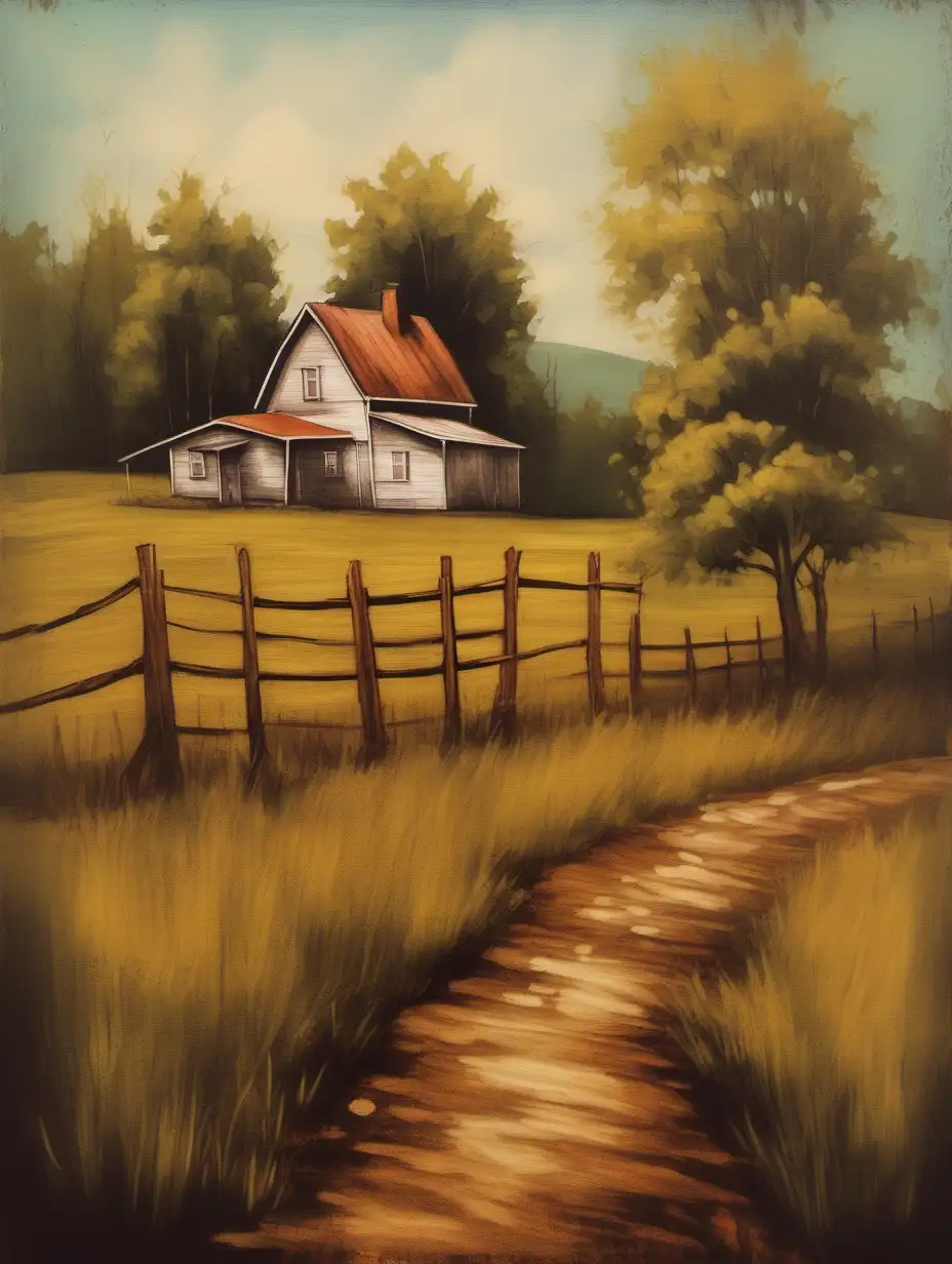 Vintage Style Oil Painting of Rustic Country Landscape