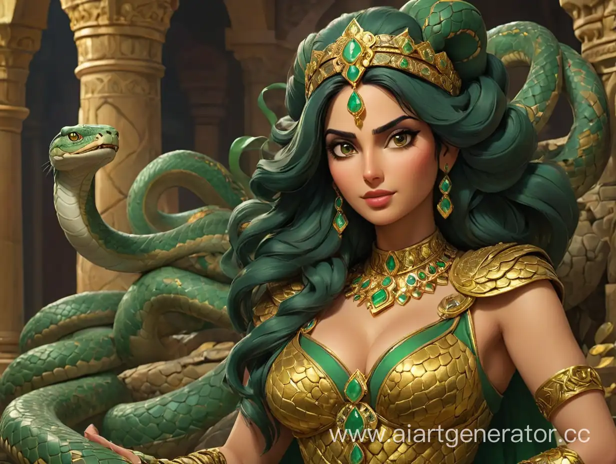 персидская царица с огромной змеей на шее вокруг сундуки с золотом и изумрудами