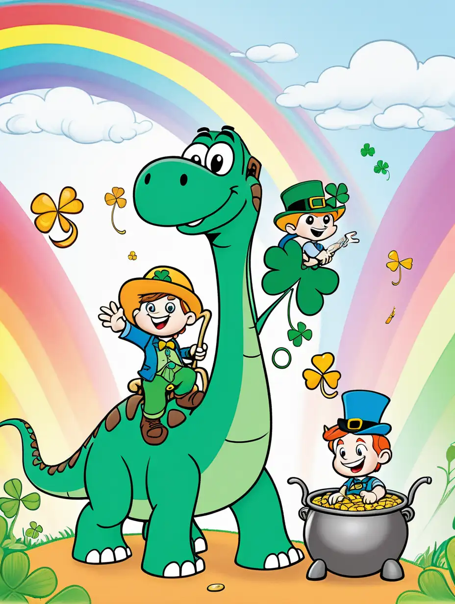 Pixar-style boy and girl leprechaun riding atop a big brontosaurus with a four-leaf clover in its mouth facing to the left standing by a pot of gold under a rainbow, kids coloring book page, simple, crayolo crayon colors, no shadow, clean lines, no shading, 8k, high dof, --ar85:110