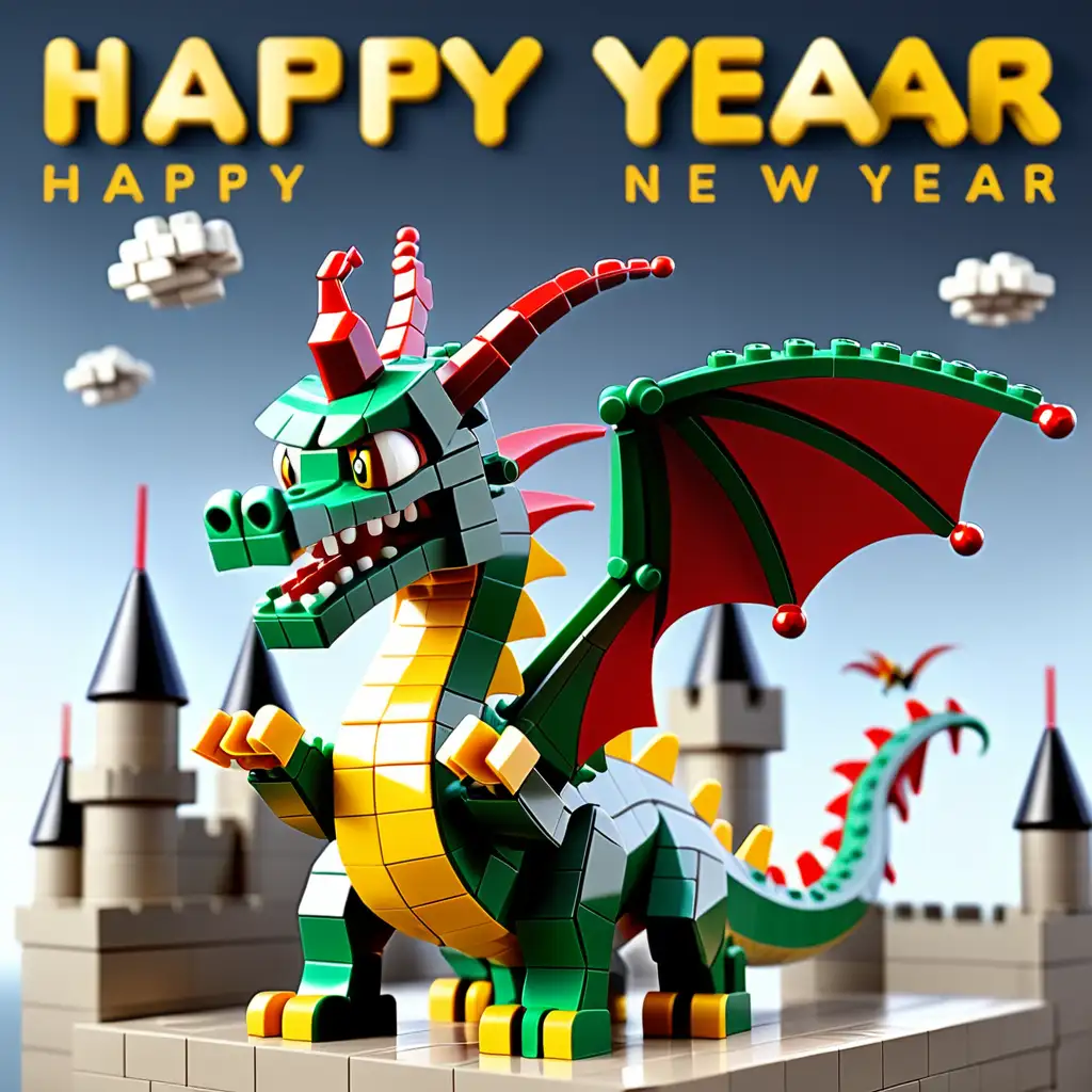 A dragon with a castle made of lego blocks with 2024 happy new year geeting. The dragen flaps his wings, winks his left eye, waves his right hand, and flies away.