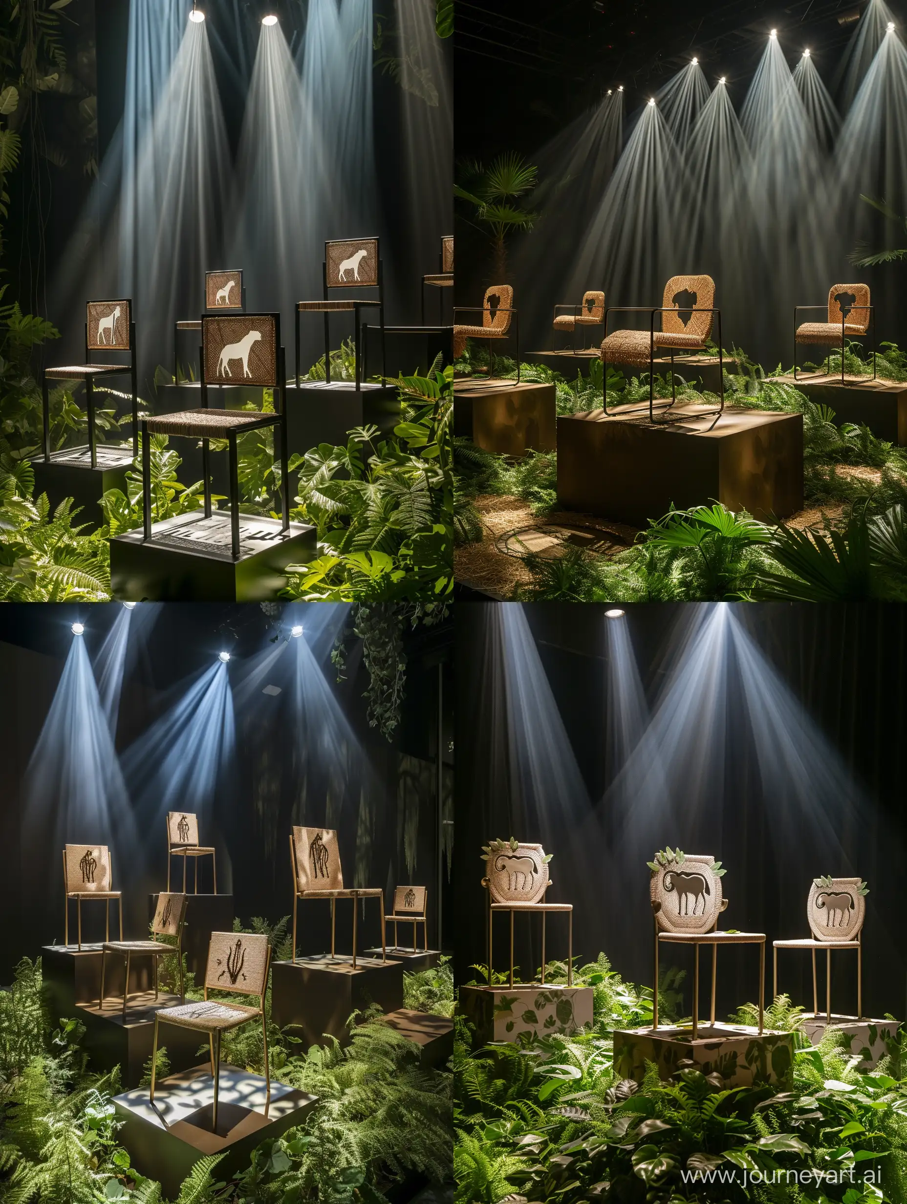 Safari-Collection-Display-Artful-Arrangement-of-Minimalist-Chairs-Amidst-Faux-Foliage