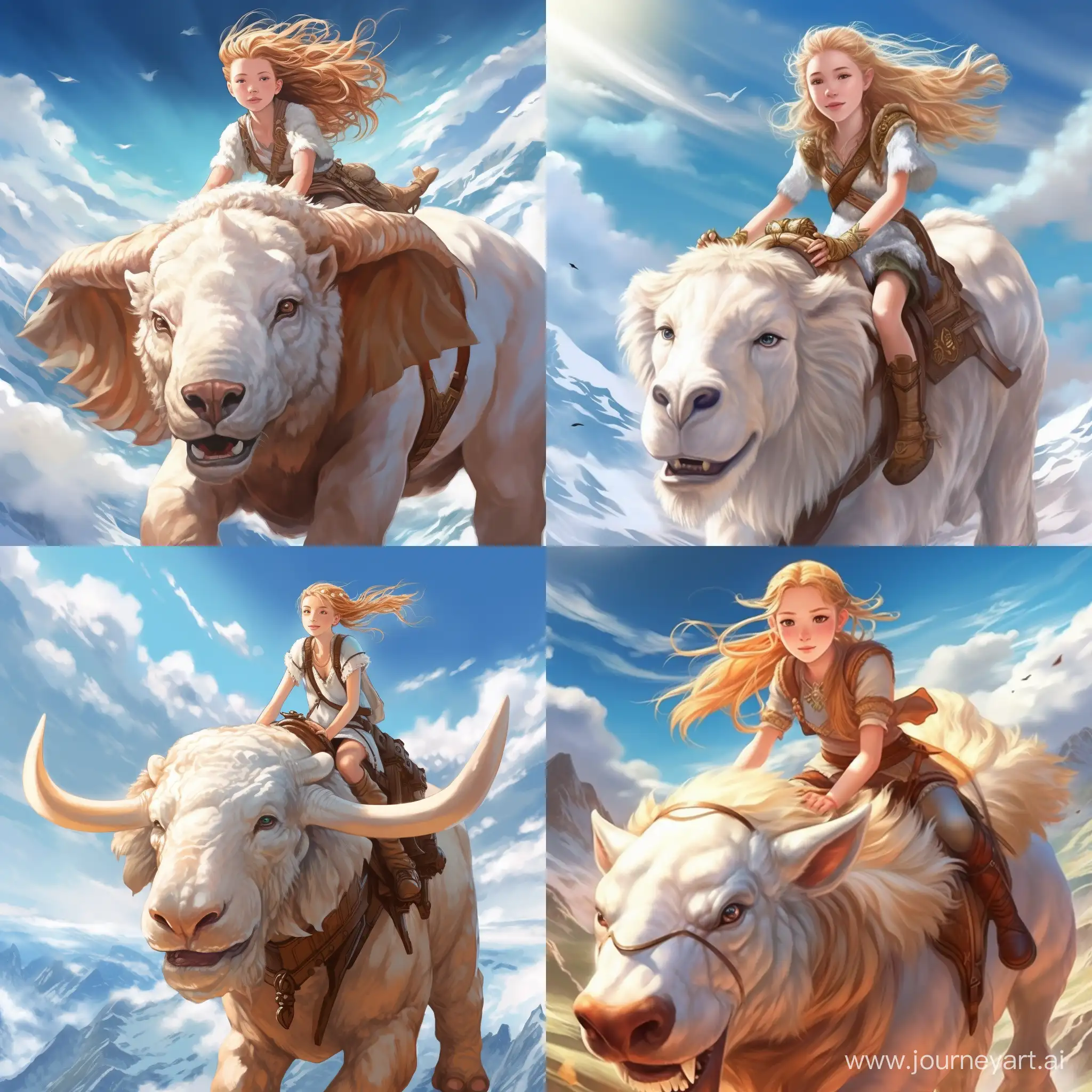 Beautiful girl, golden hair, gray-blue eyes, snow-white skin, teenager, 14 years old, in the style of avatar legend of aang, full-length, riding a flying bison, fly in the sky, cloud, Appa, high quality, high detail, cartoon art