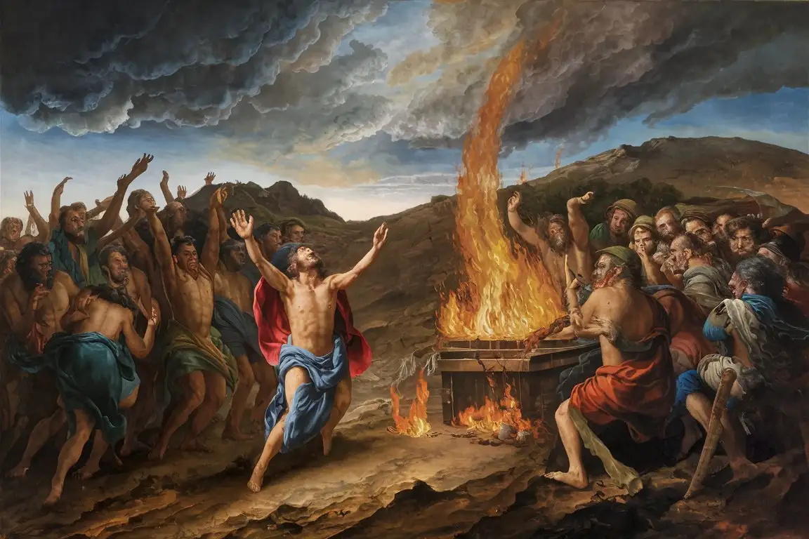 Create an oil painting depicting the biblical scene of Elijah calling down fire from heaven before the prophets of Baal. This dramatic and intense scene takes place on Mount Carmel. The sky is tumultuous, with dark, swirling clouds gathering overhead, suggesting an imminent supernatural event. The foreground shows Elijah, a figure of determination and faith, his arms raised towards the sky as he prays fervently. Around him, the prophets of Baal are depicted in various expressions of astonishment, fear, and disbelief as they witness the fire descending from the heavens. The fire itself is a brilliant, almost otherworldly blaze that engulfs the sacrificial altar, emitting intense light and heat. The landscape around the figures is rugged and sparse, emphasizing the starkness of the confrontation. The color palette is rich and dramatic, with deep shadows and vivid highlights to enhance the miraculous nature of the event. This painting captures the pivotal moment of divine intervention and the triumph of faith over doubt.