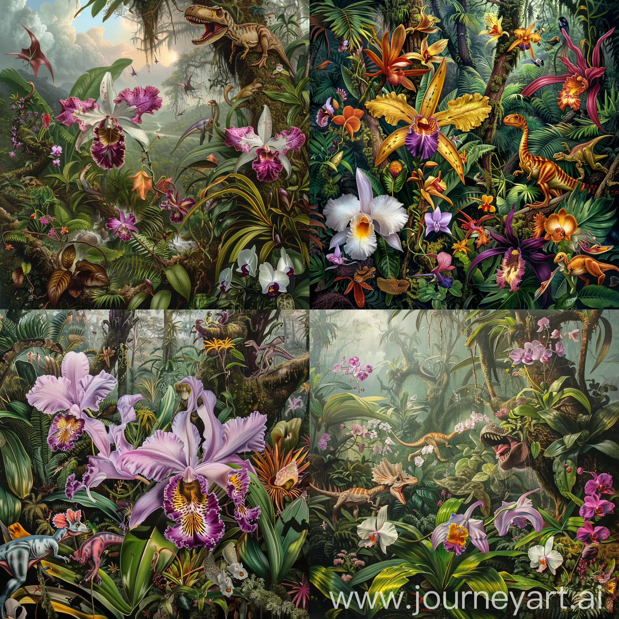 Depict the vibrant ecosystem of Brazil, from the dense jungles to the unique wildlife.
Experiment with scenes that might include an unexpected twist, like dinosaurs amidst modern flora and fauna.
Capture the intricate beauty of flora, such as orchids, in their natural or fantastical setting.
