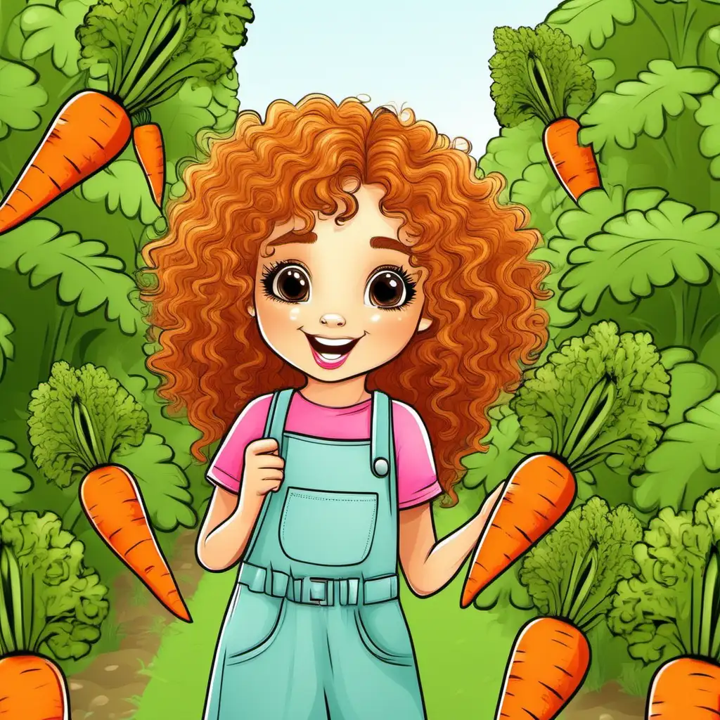 Little girl curly hair summer garden   growing carrots  Fram cartoon cute 