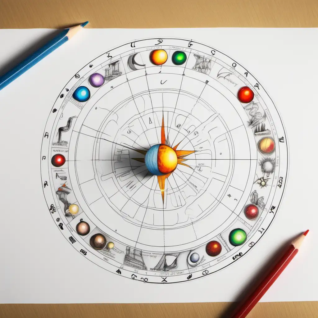 Astrology Education Sketch with Subtle Coloring on White Background