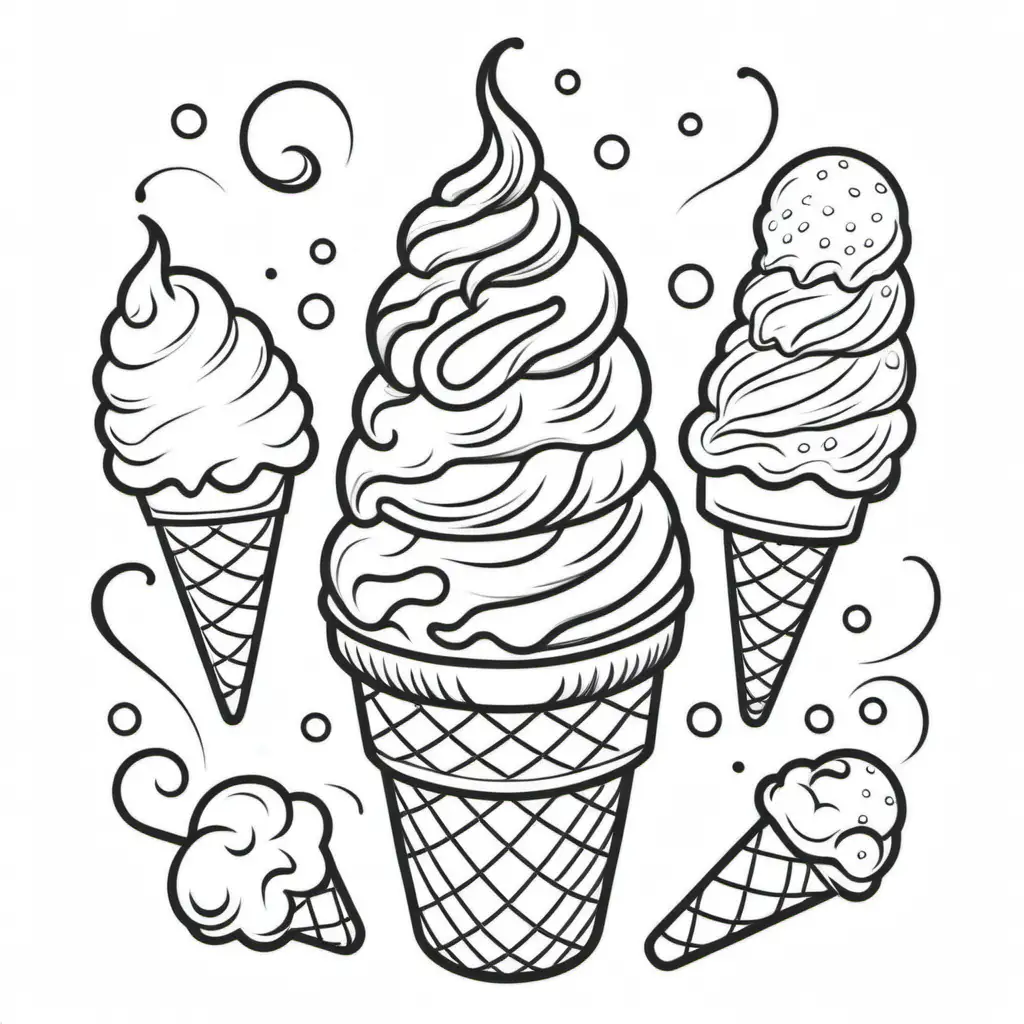Coloring Page Ice Cream Cone and Sundae Sketch for Kids