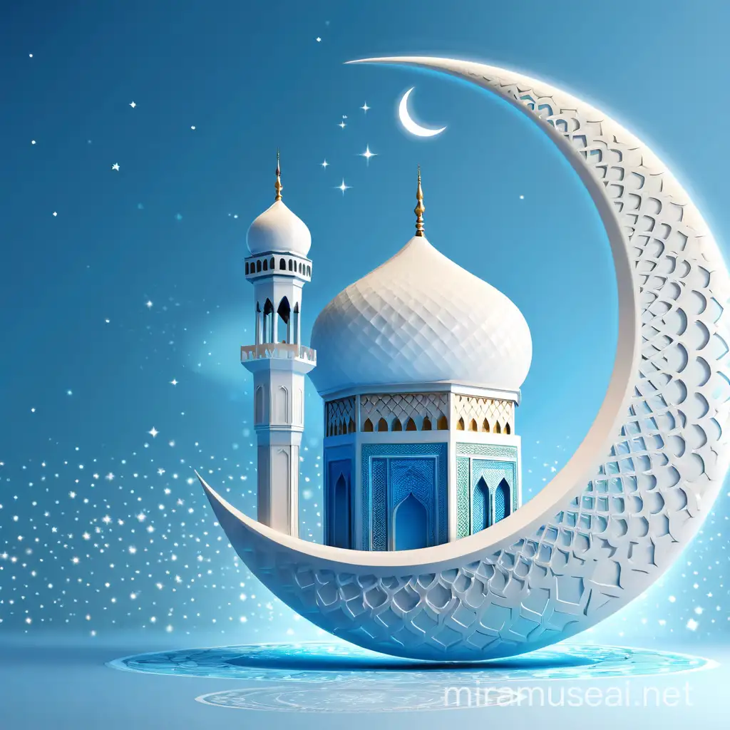 Eid Al-Fitr image to use on a poster, it should have a big beautiful bright cresent moon and stunning realistic mosque and background colour should be light blue and also have loyal blue and leave space in the middle of image for the writings