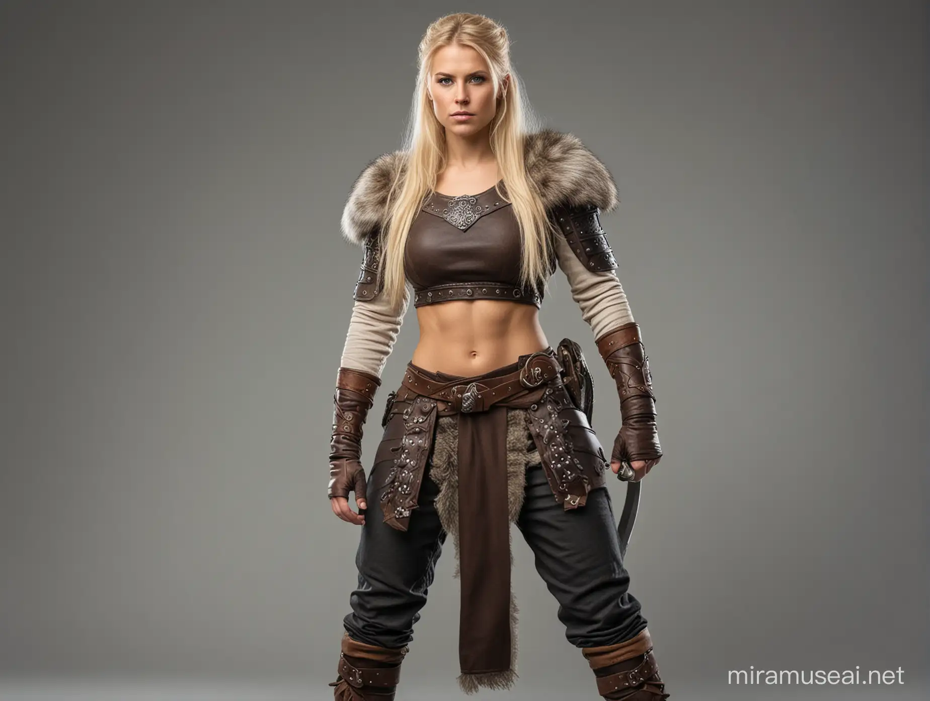 viking woman with blonde hair, full view wearing pants and warrior gear
