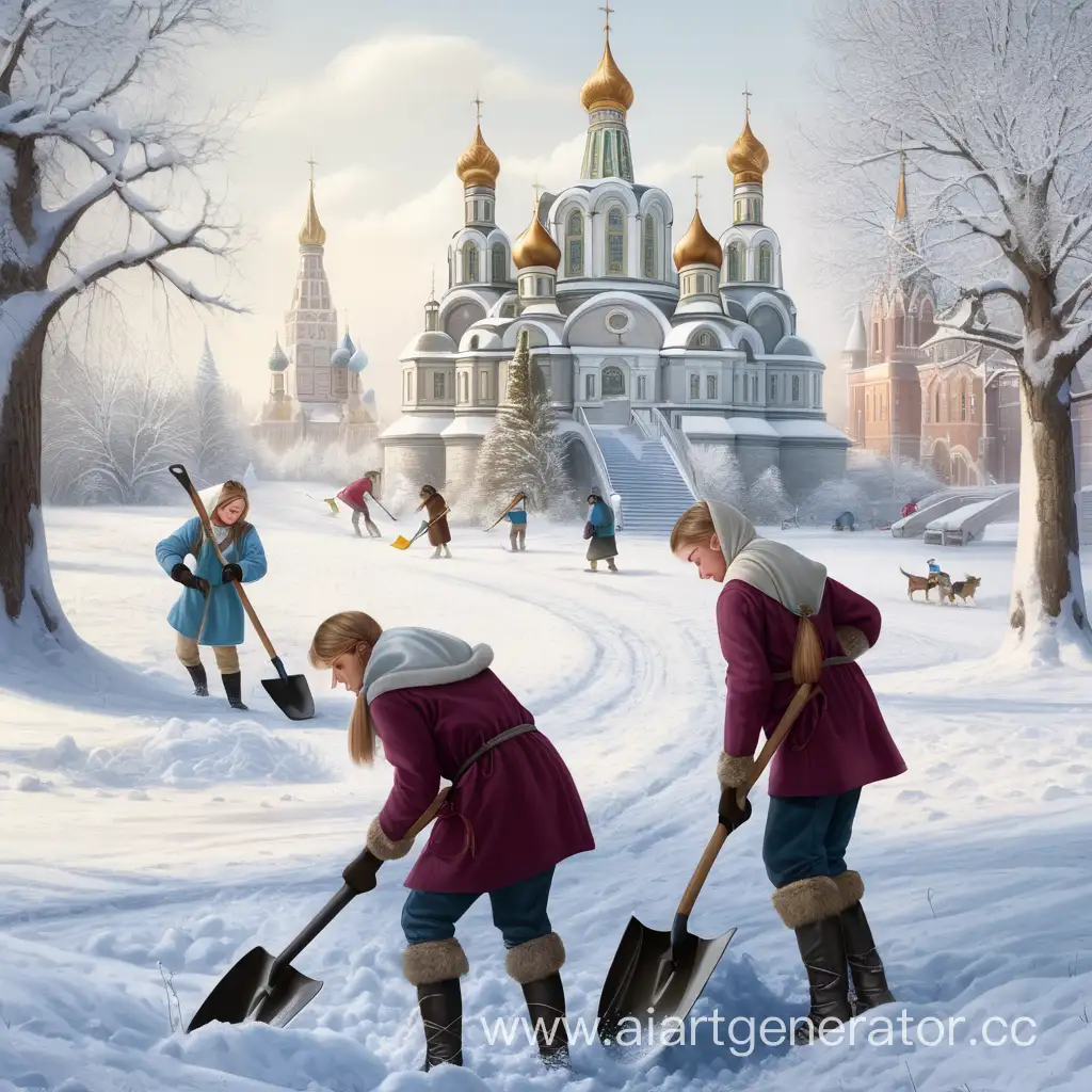 Студенты убирают снег, как в старой русской сказке