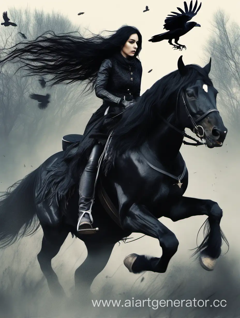 A black-haired, long-haired girl on a black horse. A participant in the wild hunt, her horse is predatory. A raven is flying next to her.