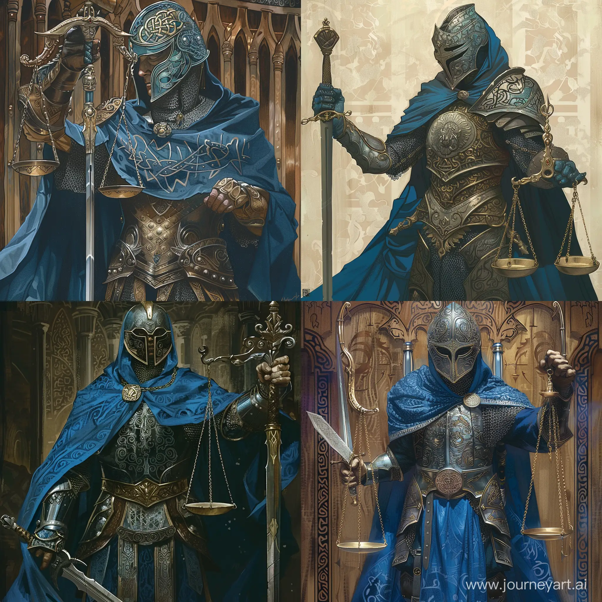 Draw art: a warrior in Numenorian armor in a blue cloak and helmet of Gondorian guards holds a sword in his left hand, and in his right hand the scales of the law with beautiful patterns. All this is in the art style of the artist Craig Mullins. --v 6 --ar 1:1 --no 98881