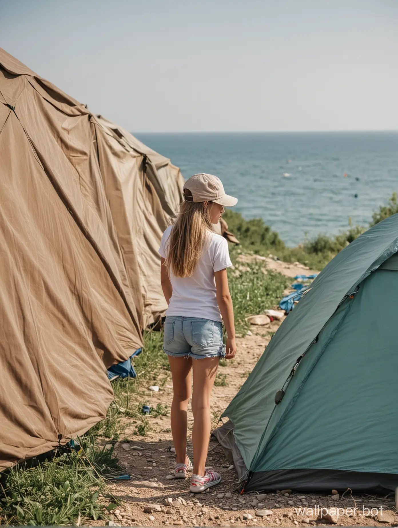 11-year-old girl in shorts and a cap by a tent in the distance, Crimea, sea in the distance, full-length, tents in the distance, dynamic poses, view from behind