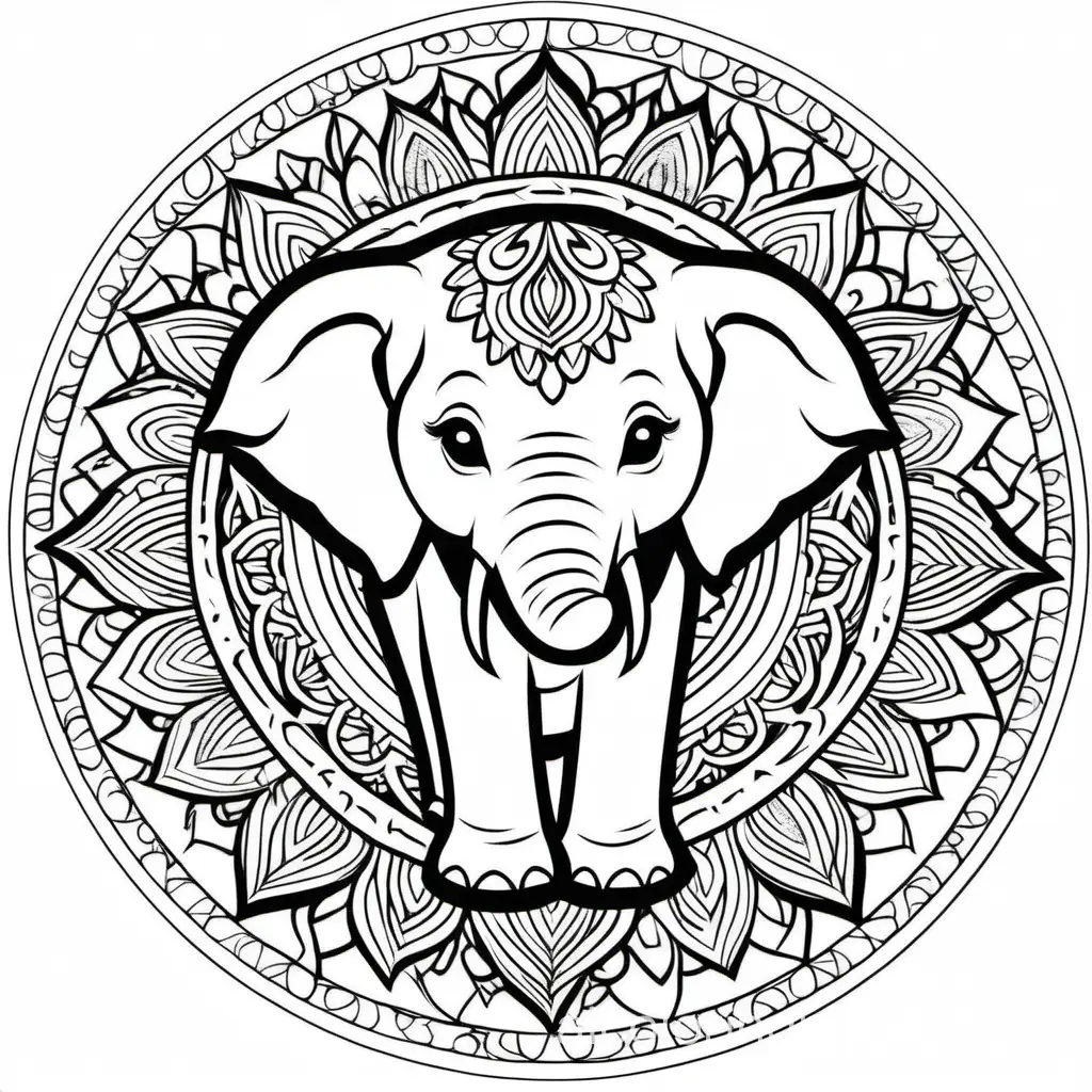 baby elephant inside a mandala, Coloring Page, black and white, line art, white background, Simplicity, Ample White Space. The background of the coloring page is plain white to make it easy for young children to color within the lines. The outlines of all the subjects are easy to distinguish, making it simple for kids to color without too much difficulty