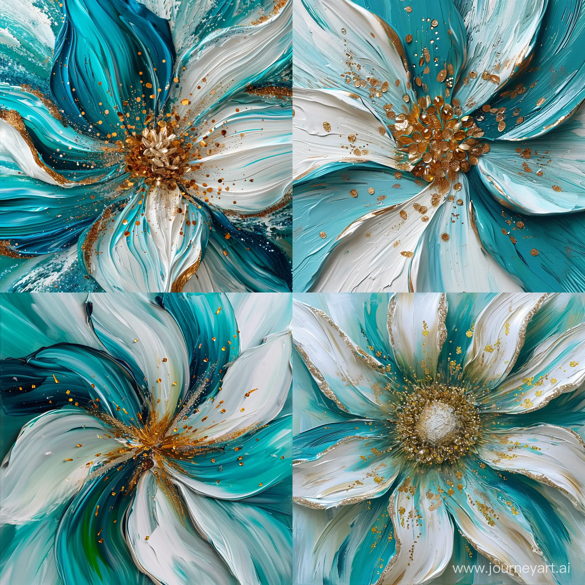 icon of Surreal flower made of oil paint, large strokes, turquoise and white, gold sequins , unlimited flow of energy, abstract, multidimensional