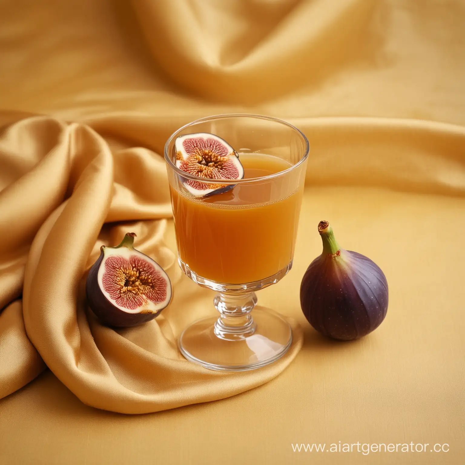 Ripe-Fig-with-Juice-in-Classic-Glass-on-Luxurious-Silk-Cloth-Background