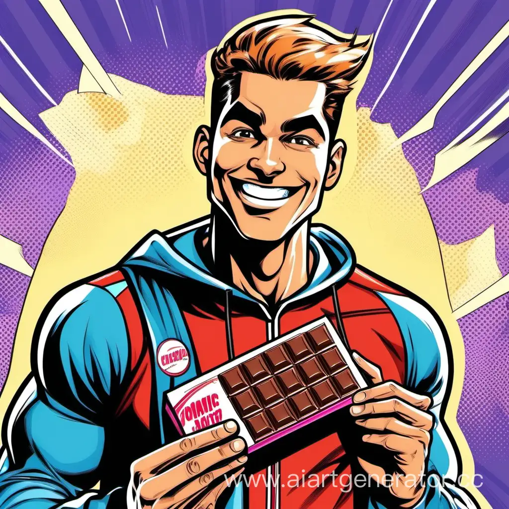 Мужчина, спортсмен, в спортивной форме, держит в руках шоколадку, улыбается, в стиле комиксов