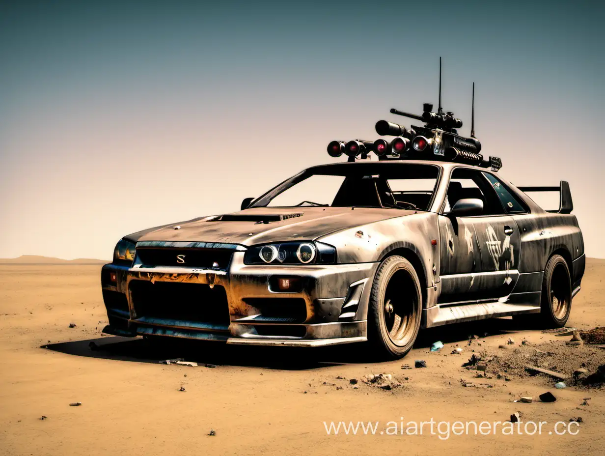 Mad-Max-Nissan-Skyline-GTR34-with-Guns-and-Shooter-atop-at-Wasteland-Motel