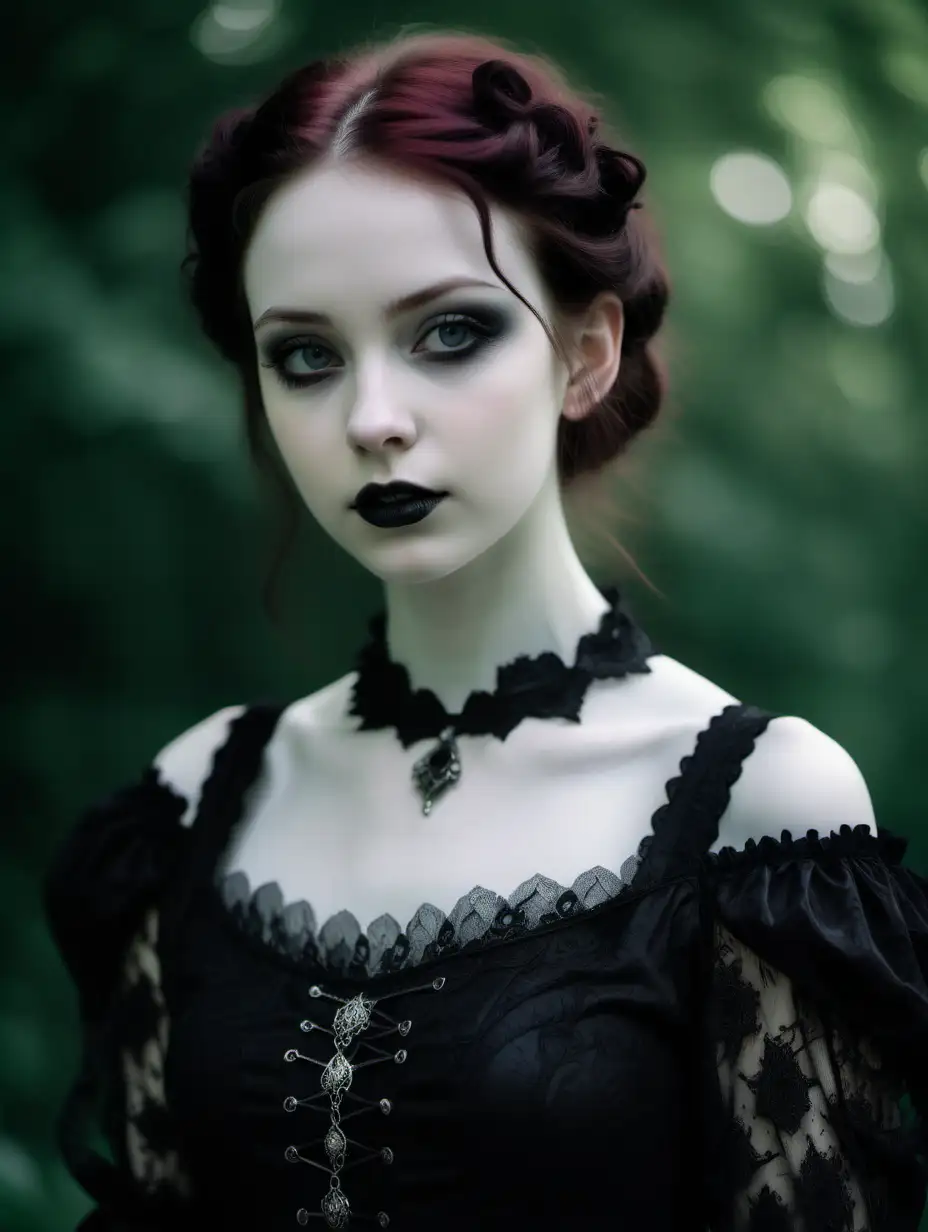 Mujer joven, de piel pálida, con un vestido gótico, ojos oscuros bonitos 