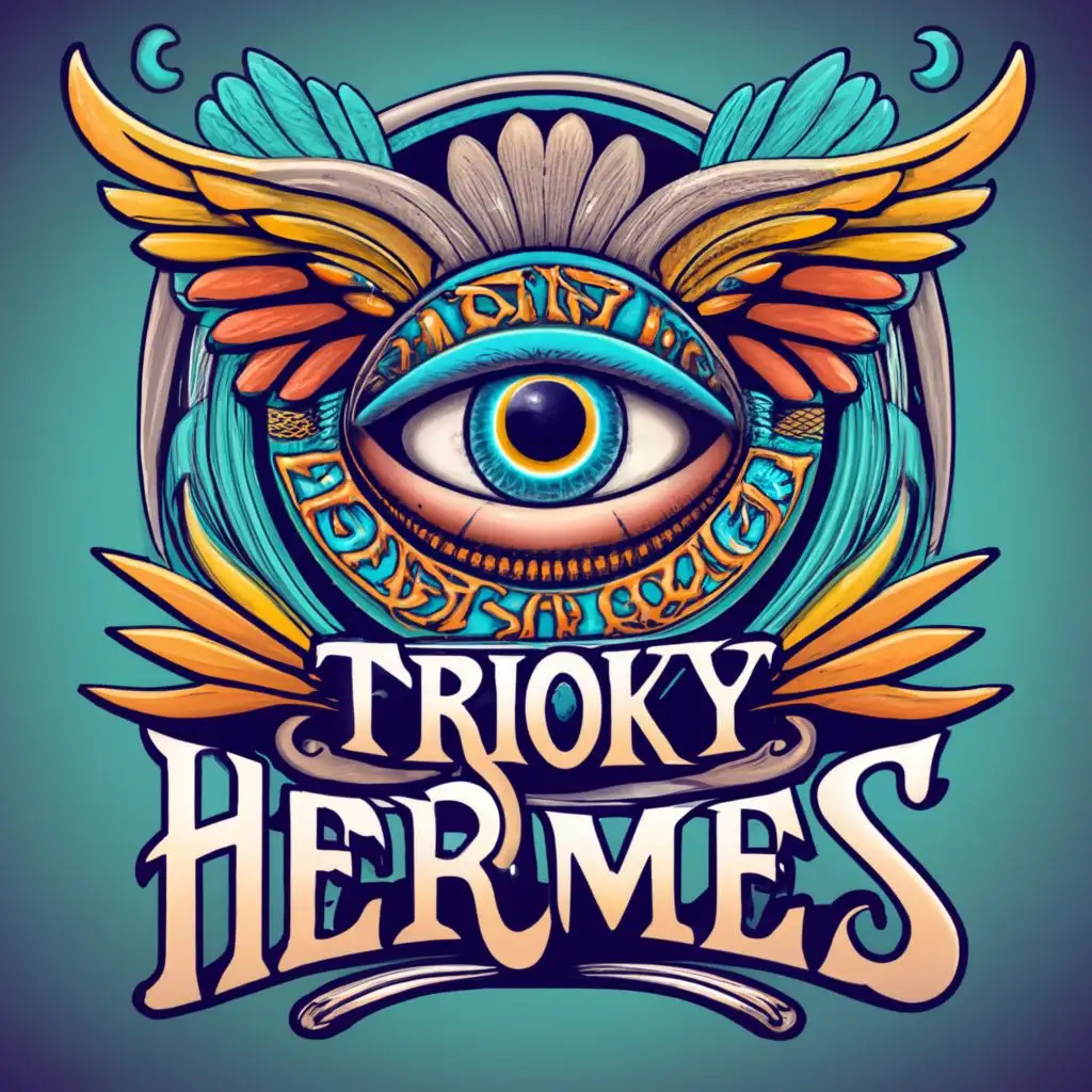 logo, eye with wings, in high detail, Amazonian Indians style, with the text "Trioky Hermes", typography, be used in Religious industry