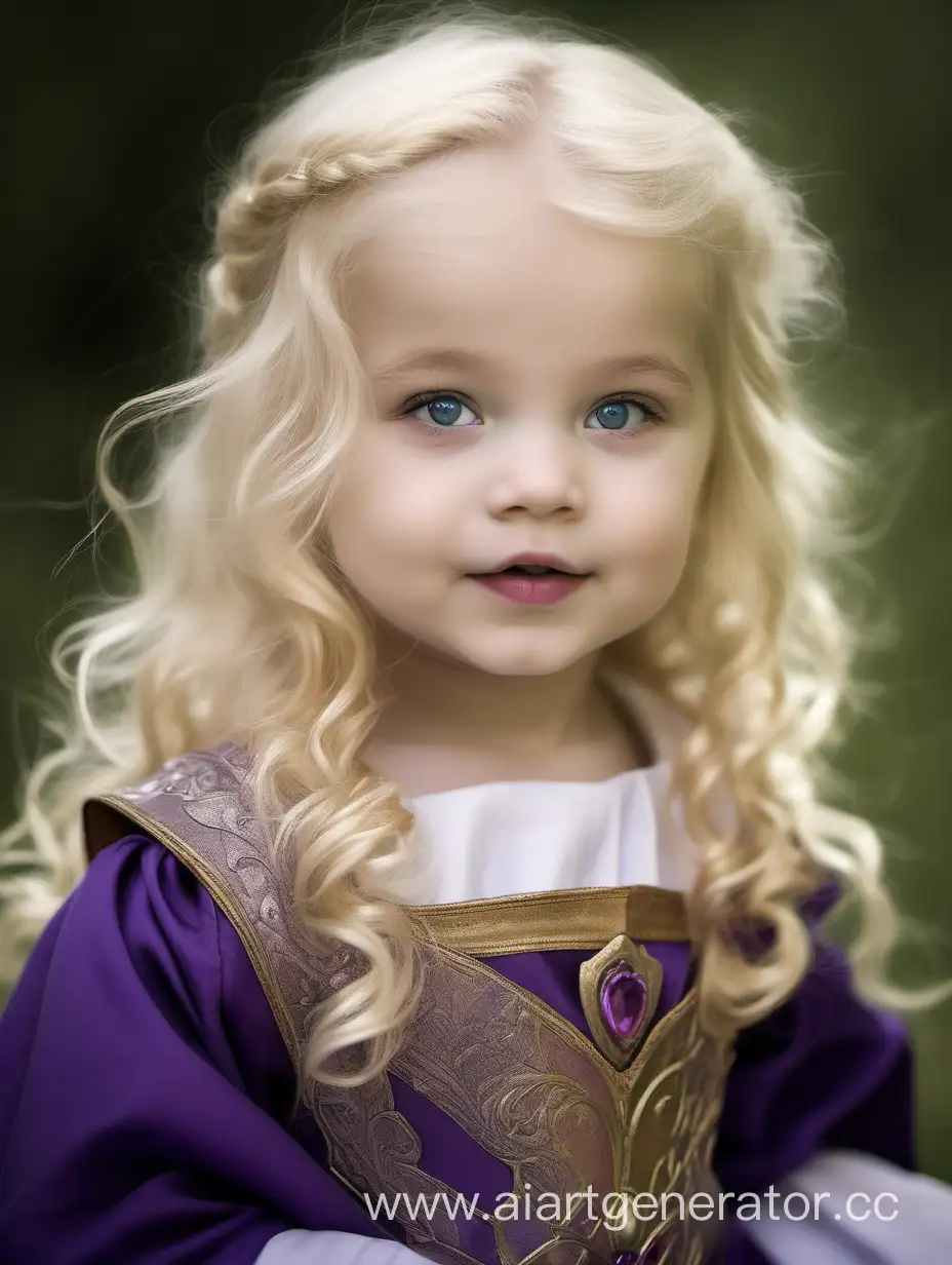 very beautiful girl, 2 years old, very blonde hair, almost white, purple eyes, medieval dress