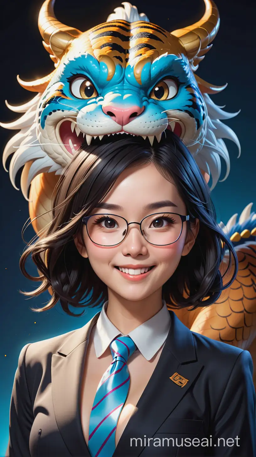 (Masterpiece), (Extreme Quality), (Super Meticulous), (Full Body: 1.2), Super sexy Woman, big breasts, Chinese Dragon, Tiger, Wind God Thor, Sexy, Bursting, Oriental Face, TV Anchor, Bust Portrait Illustration, Black Formal Suit, Blue Tie, Slightly Chubby Face, Silver Glasses, Very Clean Face, No Beard on Chin, Black Super Short Hair, Black Eyes, Confident Smile, 3c Computer Sub-Products, iPad, iPhone, Digital Painting, 3D Character Design by Mark Claireden and Pixar and Hayao Miyazaki and Akira Toriyama, The illustration is a high-definition illustration in 4K resolution with very detailed facial features and cartoon-style visuals.