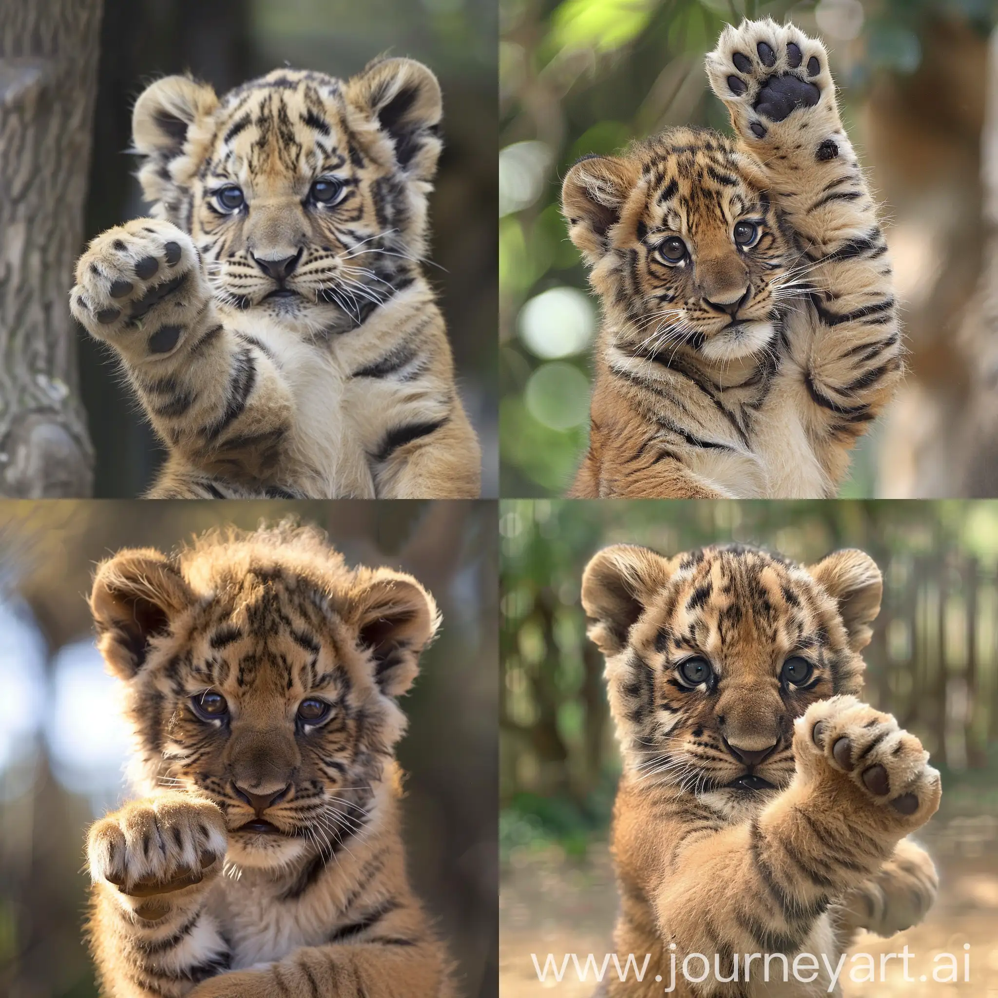 A young cub's fist is a symbol of budding strength and playfulness. Picture a lion or tiger cub, their tiny paw curled into a soft fist, perhaps raised in a playful gesture or ready to engage in some innocent roughhousing with their siblings. It's a charming sight that embodies the curiosity and energy of youth, as well as the instinctual nature of their species. In that tiny fist lies the promise of future power and prowess, yet for now, it's just a playful expression of their youthful exuberance.

