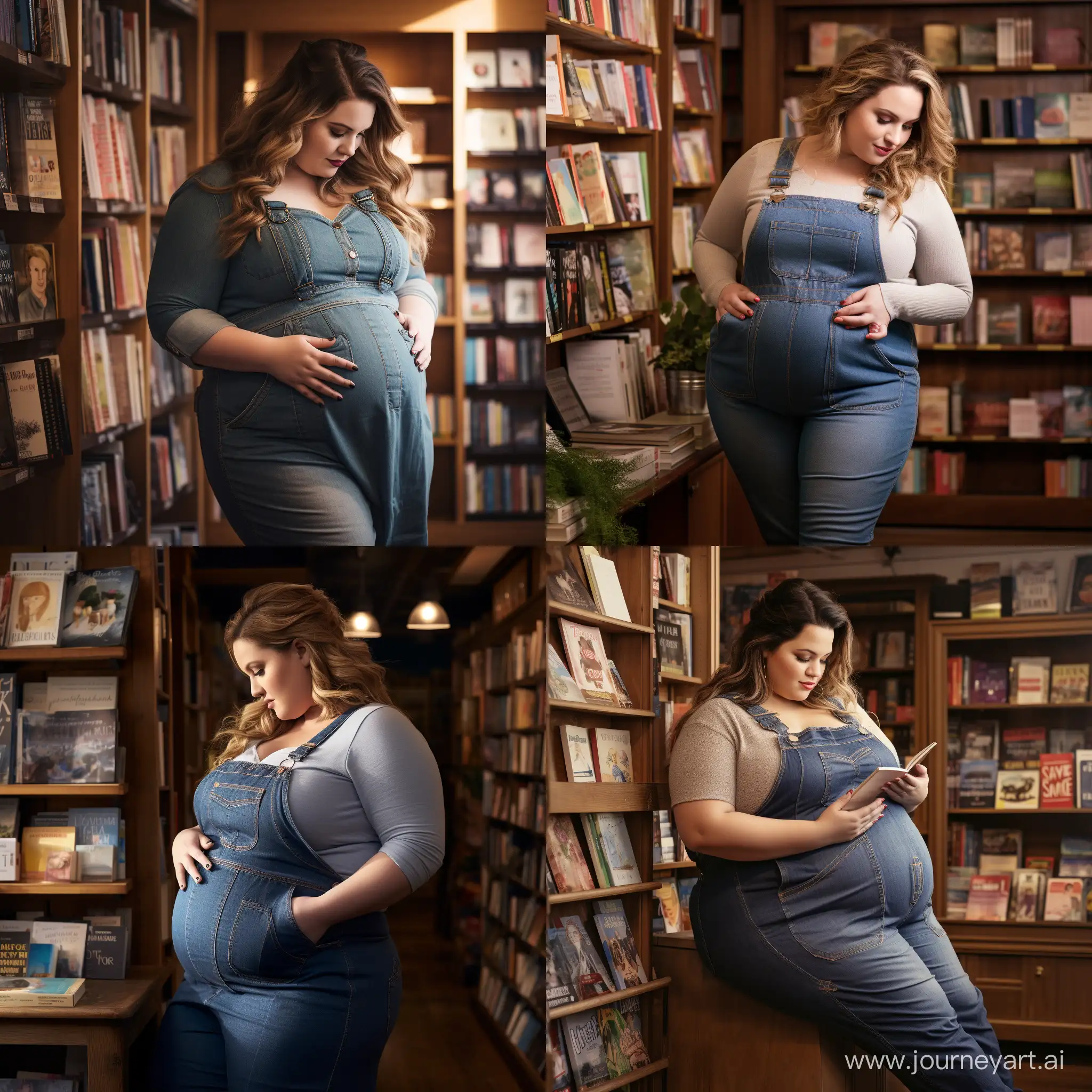Pregnant-Woman-in-Denim-Dungarees-Exploring-Books-in-Charming-Bookstore