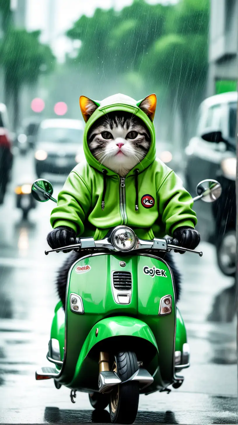 Adorable Gojek Branded Fat Kitten Riding Vespa in Rain with a Funny Face