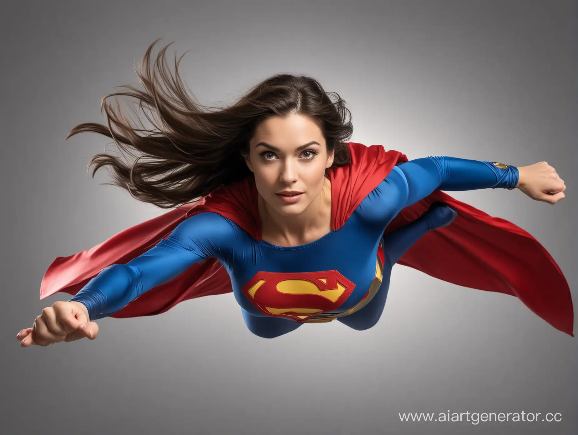 A beautiful woman with long dark brown hair, age 33, She is flying like Superman, she is wearing the classic Superman costume