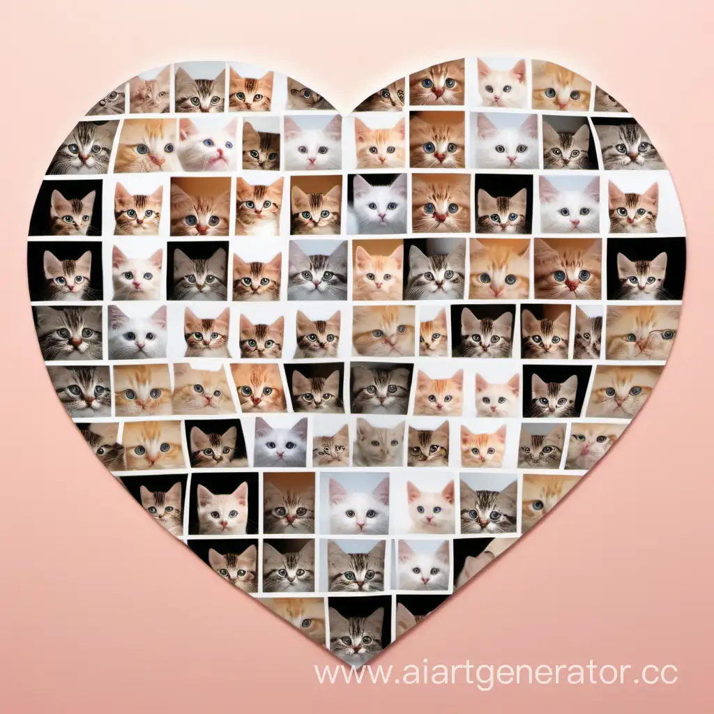 сделай коллаж в форме сердечка, простой из фото котиков,каждое фото поверх другого,детализированные котята,квадратные фото полароид котята,большие фото


