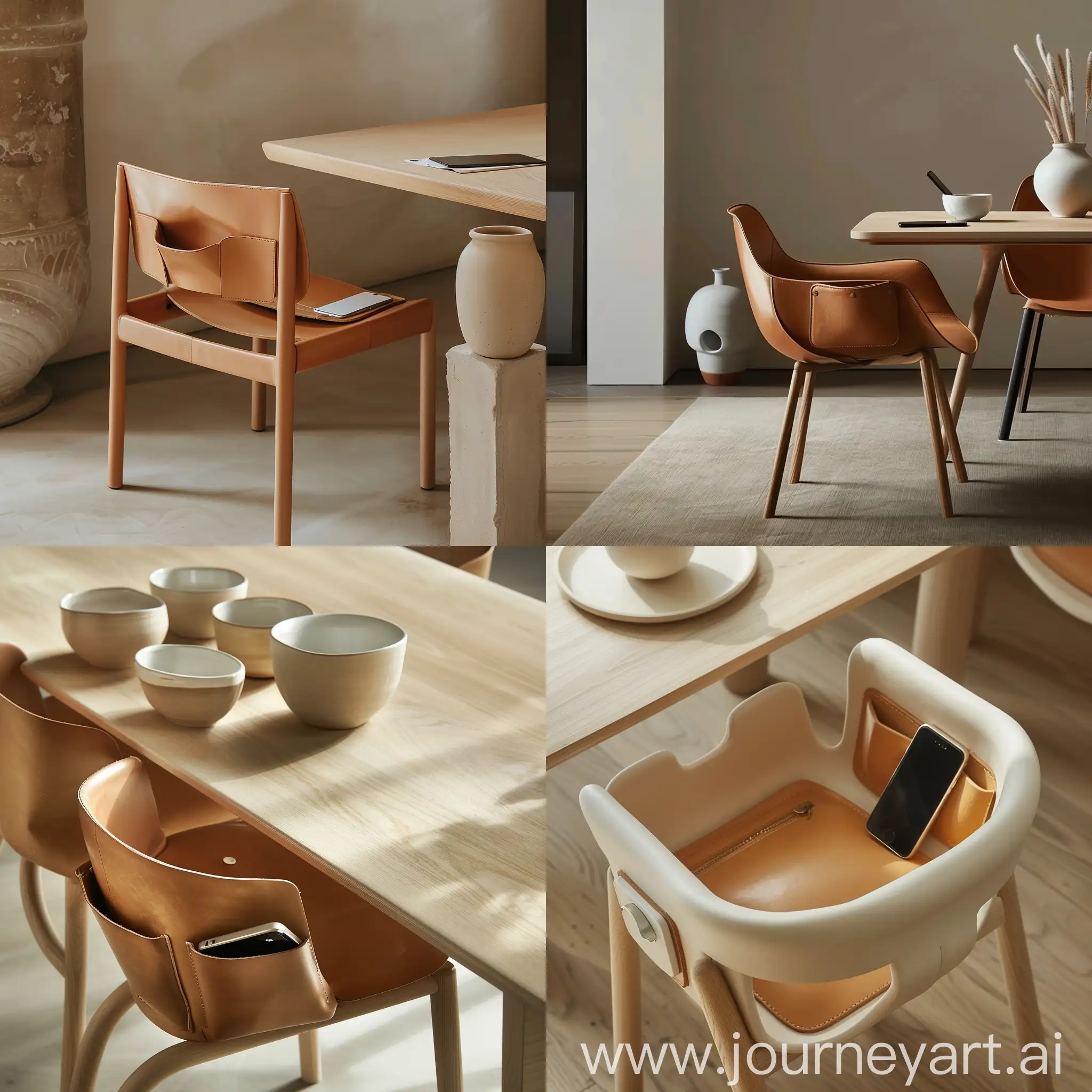 Минималистичный дизайн стула и обеденного стола, джапанди, японский минимализм, скандинавский стиль , сиденье и спинка стула кожаное, формообразование предметов вдохновлено керамикой, у стула есть кармашки для телефона 