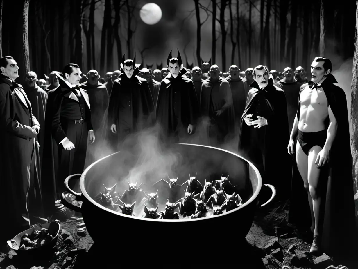Dracula and demons standing over a boiling pot of ogres in an old dark forest with vampire bats flying overhead Fritz Lang's Metroplis