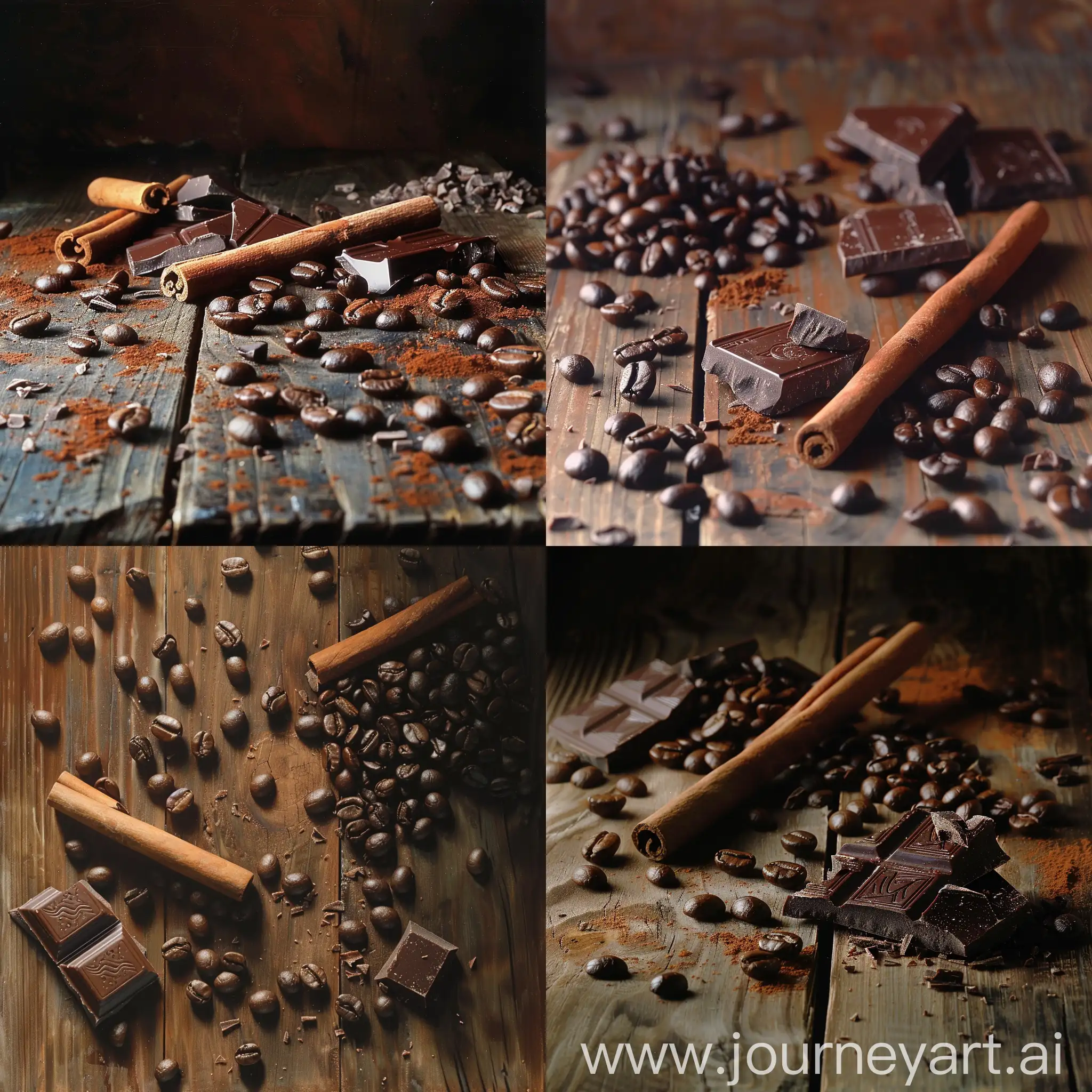 старый деревянный стол, на нем рассыпаны зерна кофе, несколько кусочков шоколада .  1 стручок корицы, гиперреализм,  реализм, фото 