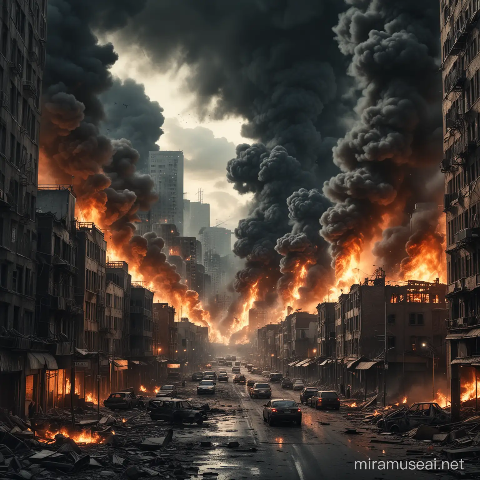 Imagine a movie poster based on portraying a poor bombed out city that some of the buildings are on fire and is spewing dark smoke on front while in the back is an advanced and modern city relucting with lights 