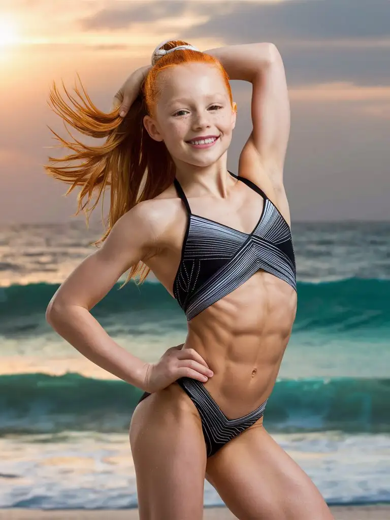 8 years old rhytmic gymnast girl, ,ginger hair, very muscular abs, showing belly, string swimsuit at the beach