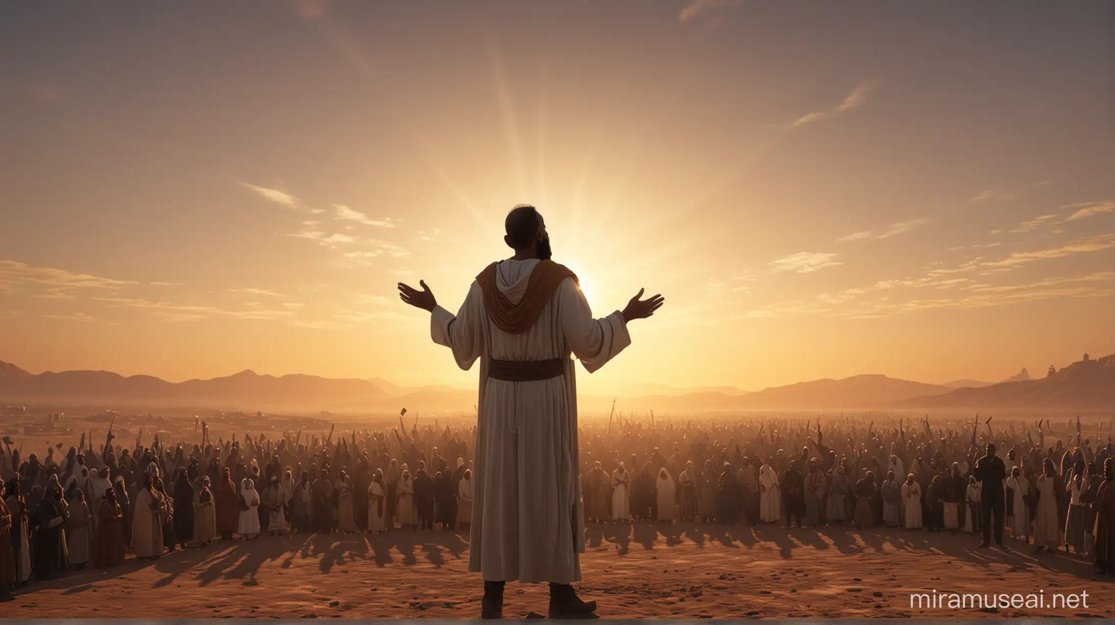 Prophet Hud delivering his message to a crowd of Ad people, with the sun setting behind him. 4k, HD