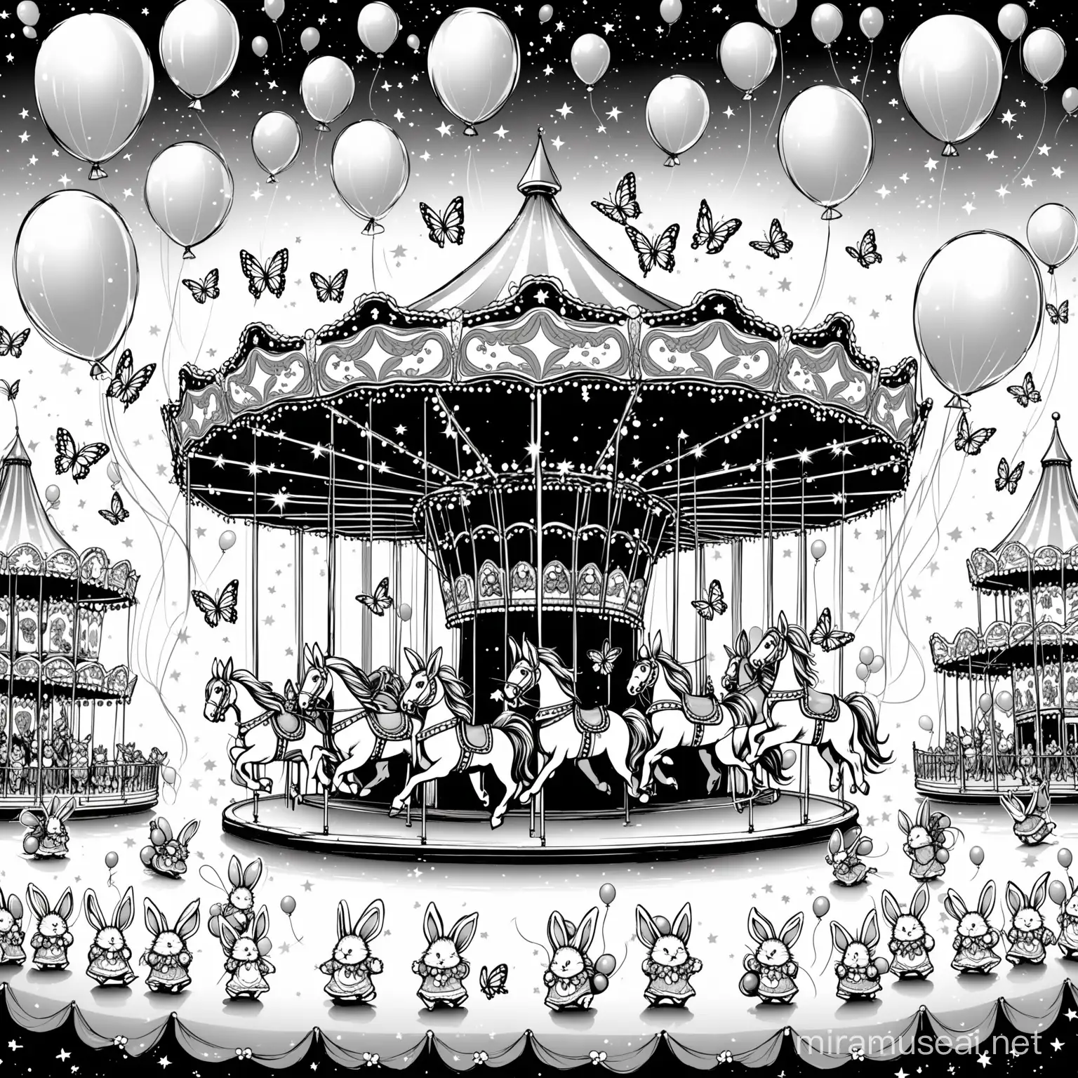 A black and white drawing of a festival carousel with little bunnies and gnomes; Balloons and sparkles are flying around, large butterflies have settled on the carousel; Easter related