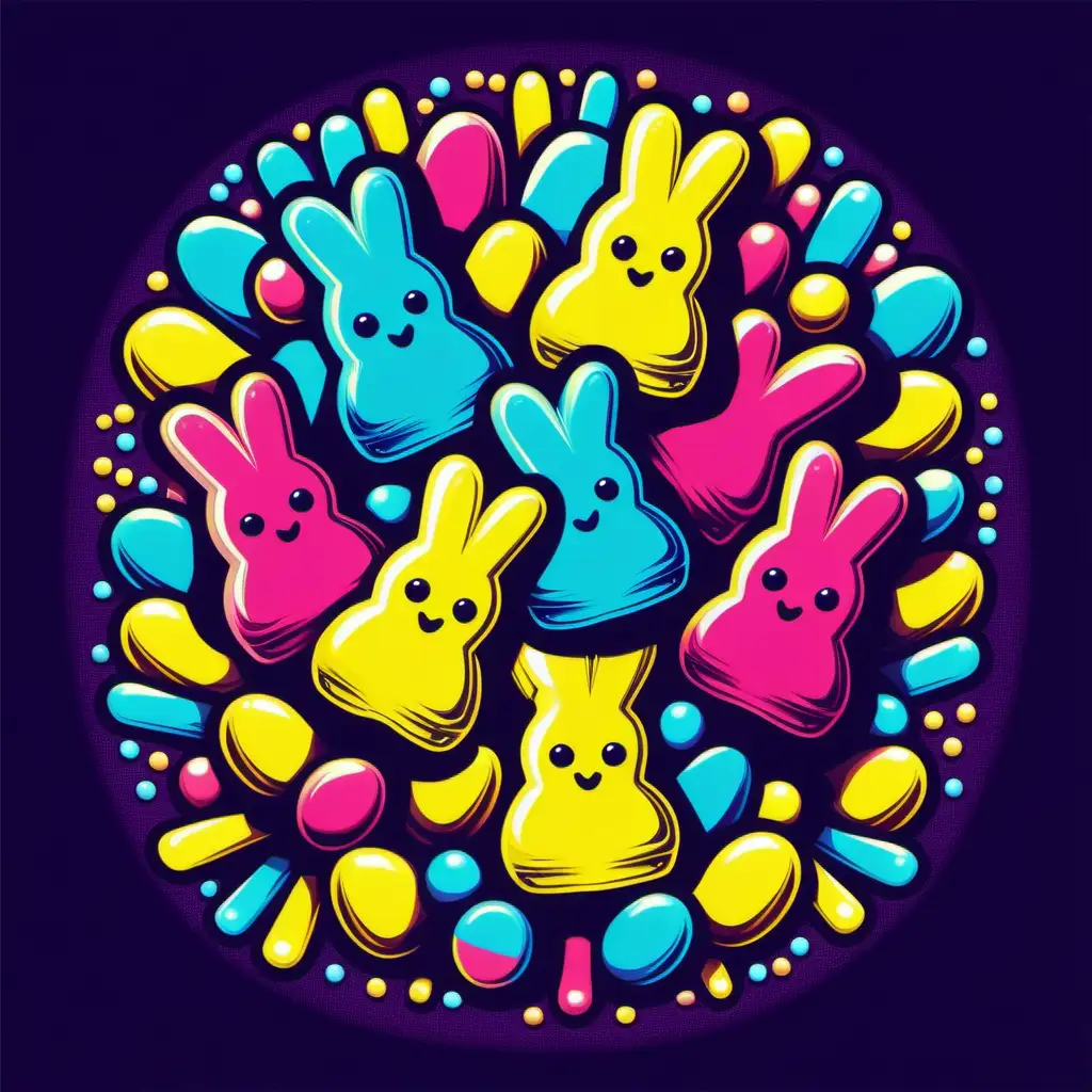 psychedelic retro-style illustration, iconic candy PEEPS t-shirt design vector, white background v 5, 1 raw style