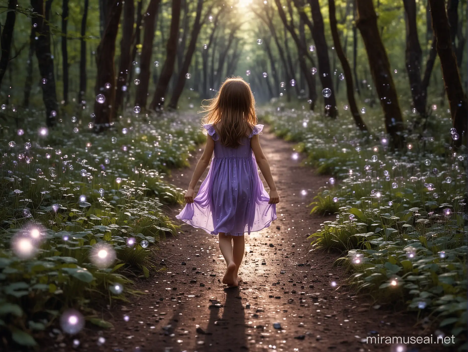 petite fille 6 ans, de dos, cheveux châtains, pieds nus, qui porte une robe violette très simple, sans manches, marche dans une forêt magique, féérique. Ambiance sombre avec des bulles lumineuses qui volent partout. Autour d'elle il y a des minuscules fées blanches qui volent