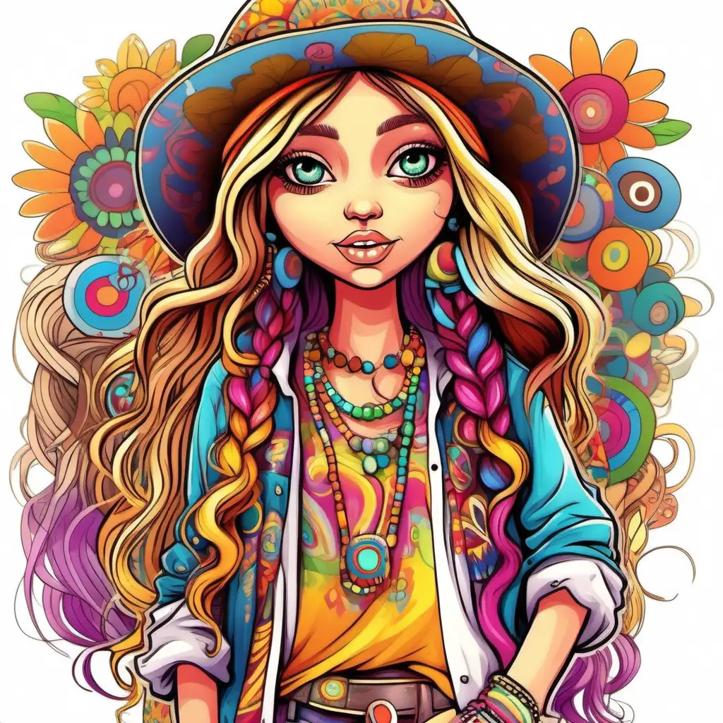 Vibrant Girl Hippie Masterpiece in Full Cartoon Style on White Background