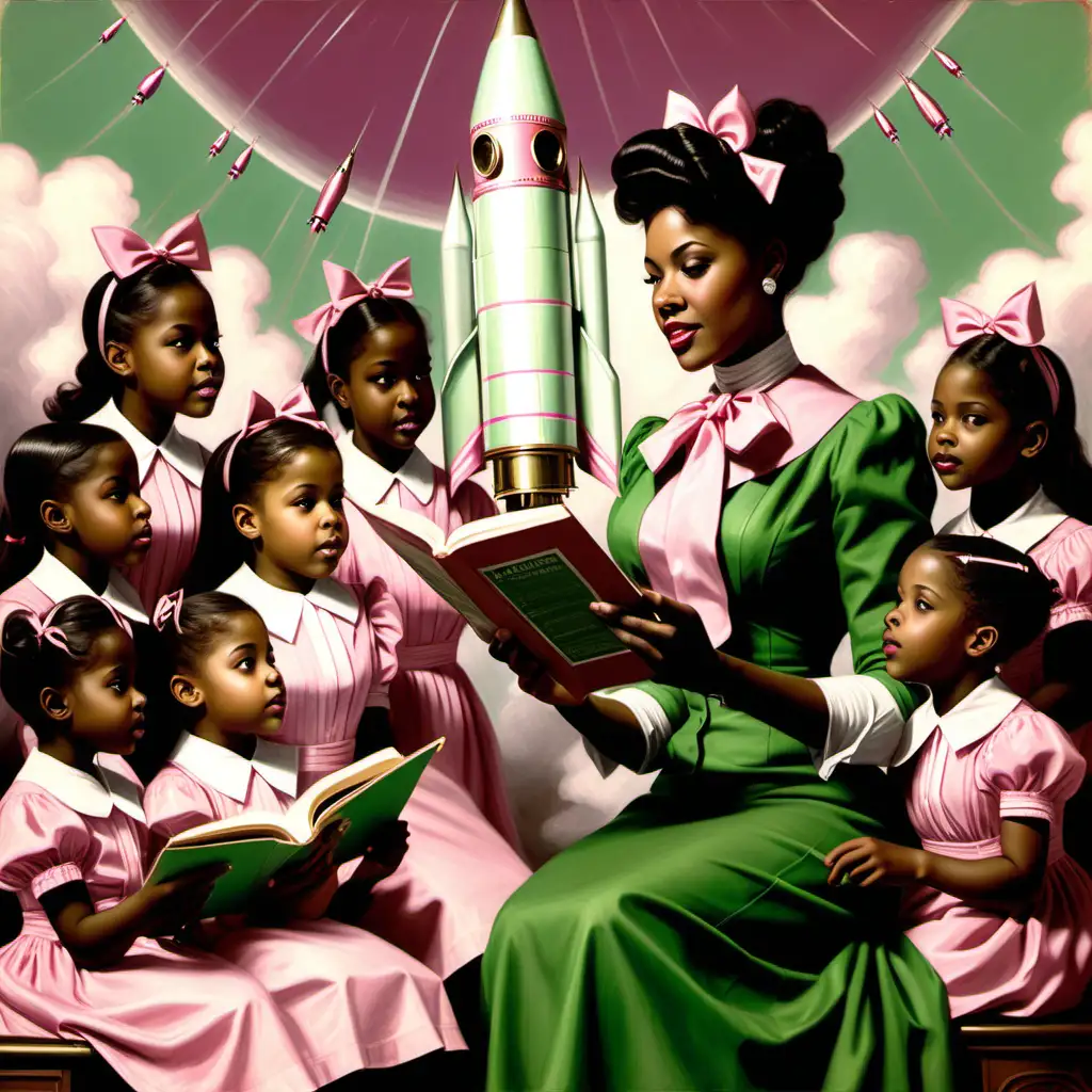 Generate a  realistic photograph that portrays an elegant Alpha Kappa Alpha woman in her 30s,  reading to girls in 1908, with the theme "Soaring in the Rocket . " Use pink and green and rockets in the background. 