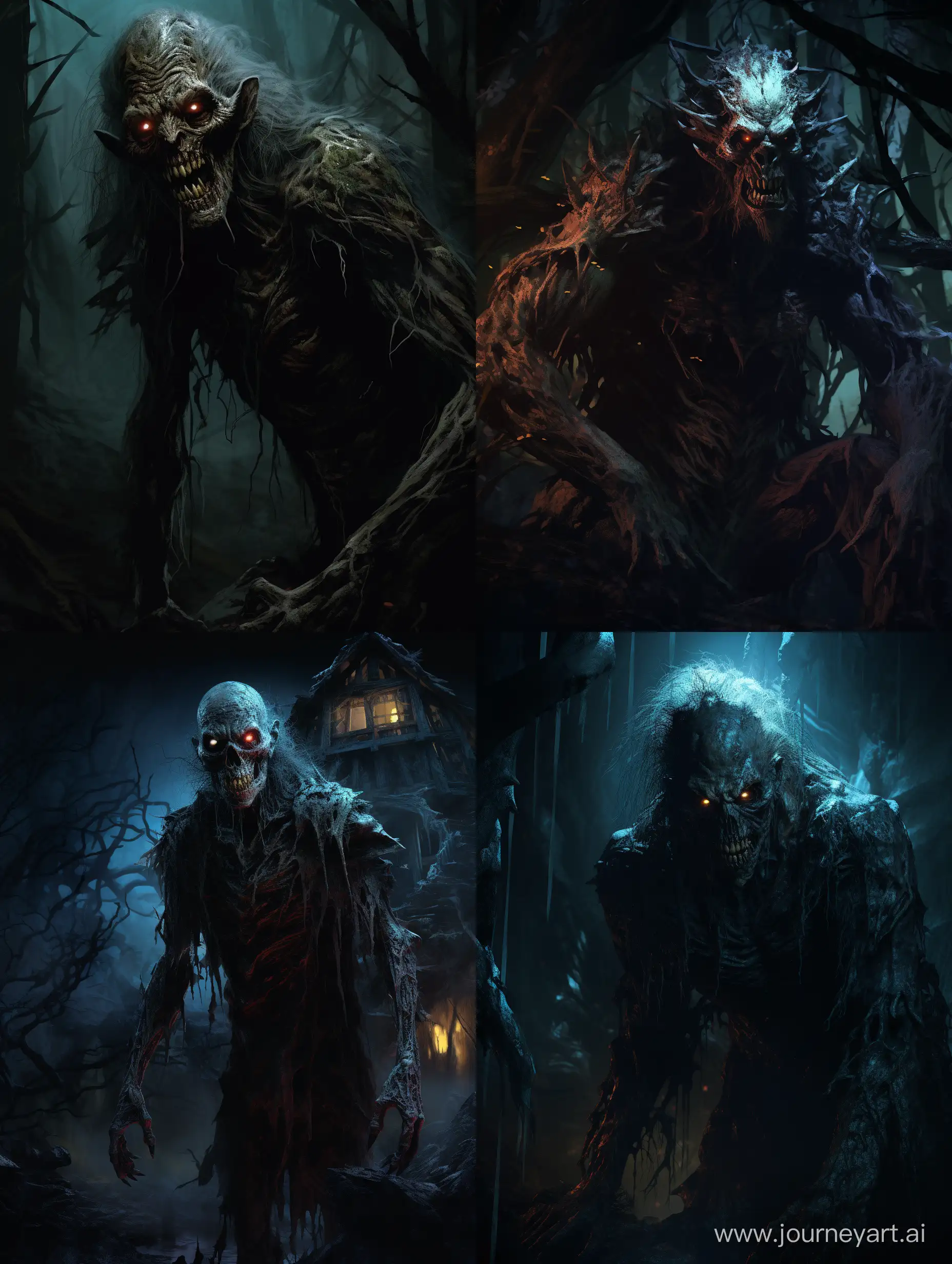 70s dark Fantasy art, Illustration of a Horror villain creature at night