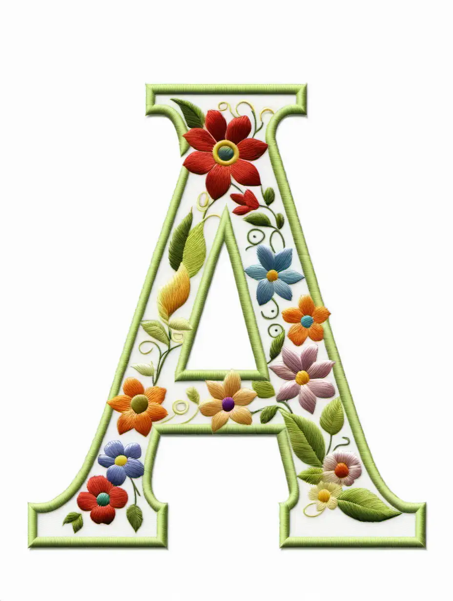 lower case letter 'a' in embroidered flower style with clear white background