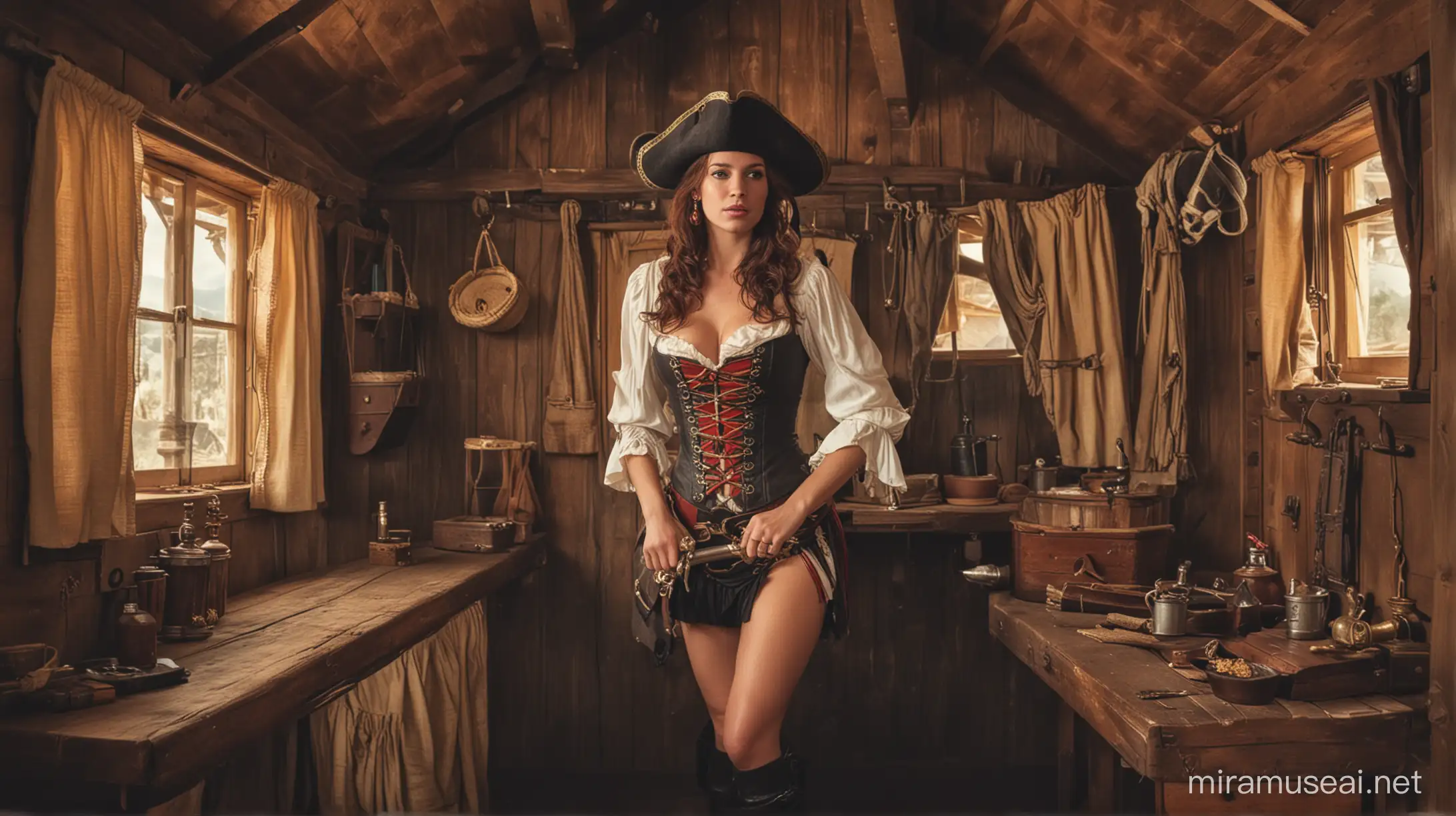 Pirate Wench in Rustic Cabin Setting with Treasure Chest